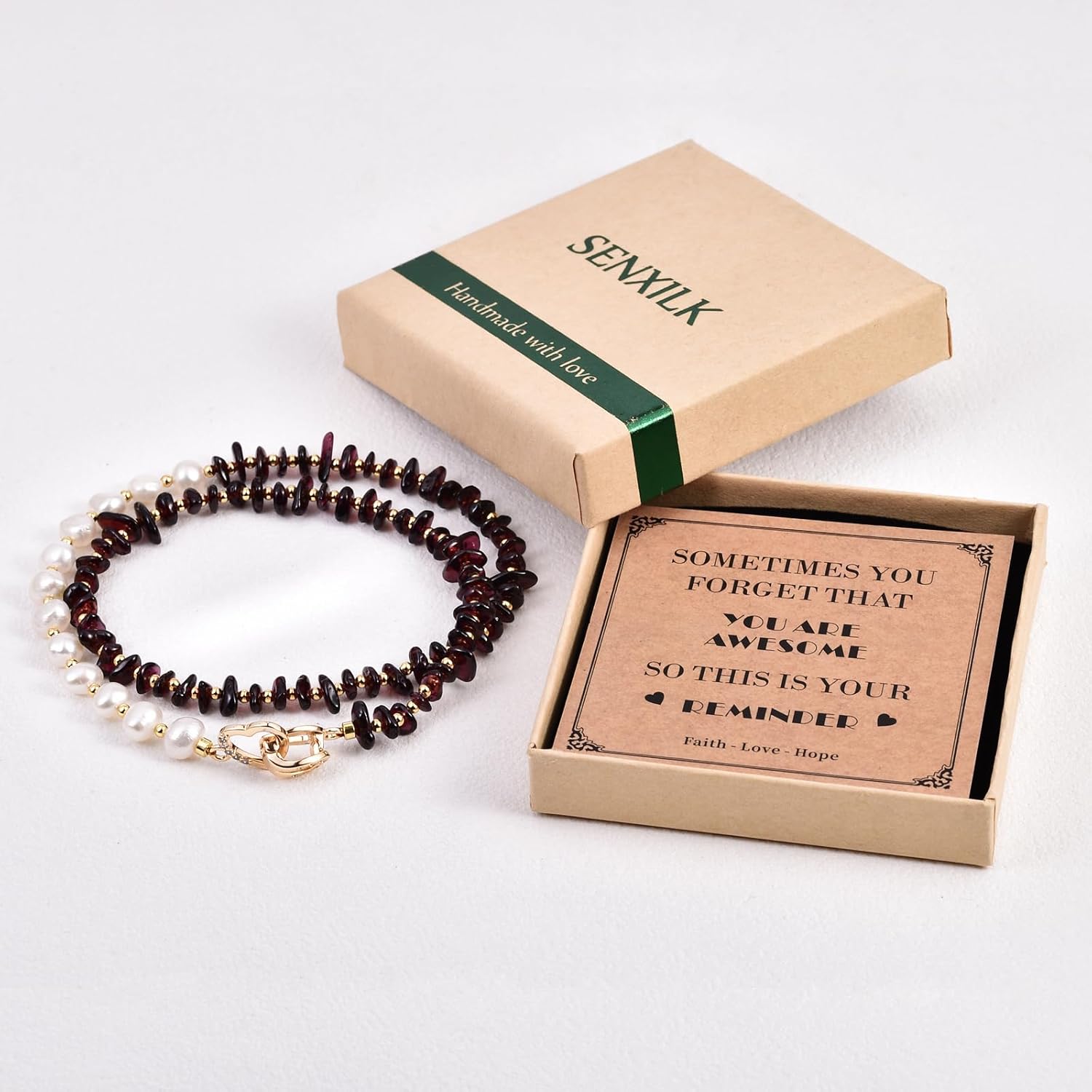 Natural Freshwater Pearl & Red Garnet Necklace - 18K Gold Plated Interlocking Heart Clasp - Asymmetrical Beaded Gemstone Choker Jewelry Gift for Women - 18 Inch (45cm) - Image 4