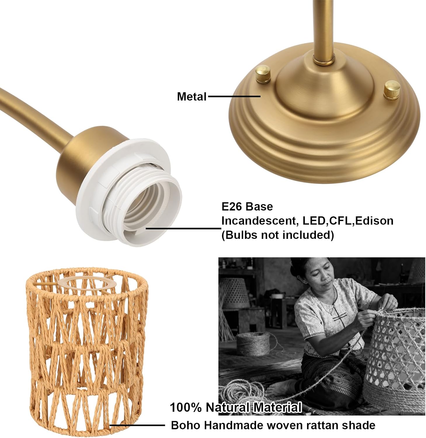 Yosoan Set of 2 Rattan Boho Wrapped Wall Sconce Light, Indoor Hardwired Gold Hand-Woven Farmhouse Vintage Lamps, Brass Braided Rope Shade Wall Mount Fixture for Reading Bedroom(Antique)