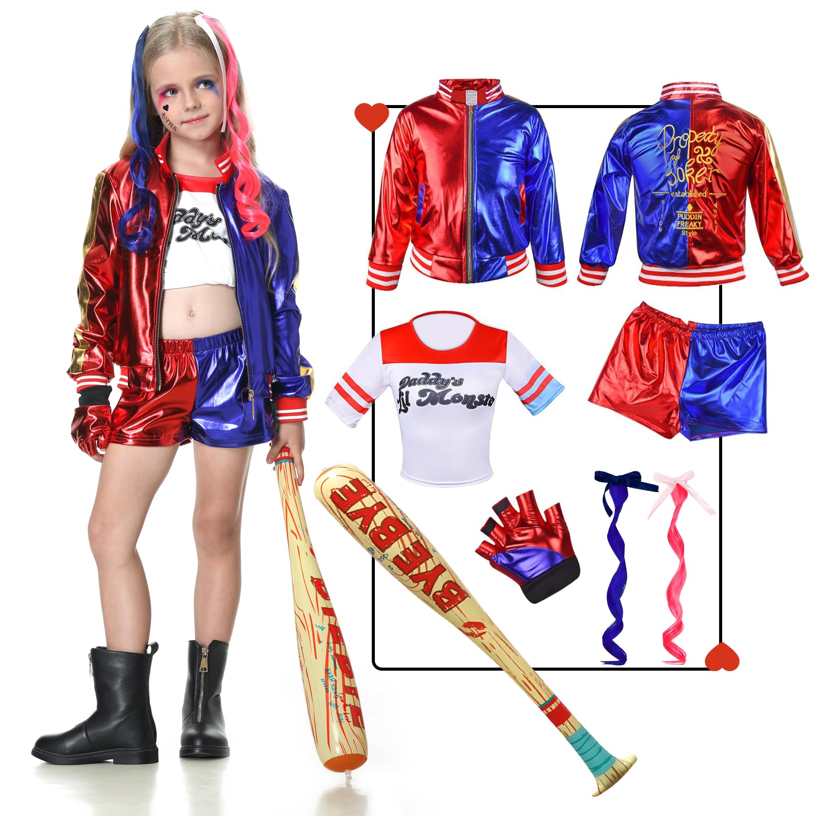 WELLCHY Disfraz de Harley Quinn para Niña, Disfraz de Harley Quinn para Niña con Camiseta, Chaqueta, Pantalón, Guantes, Béisbol Hinchable Cosplay Disfraz de Carnaval Niña