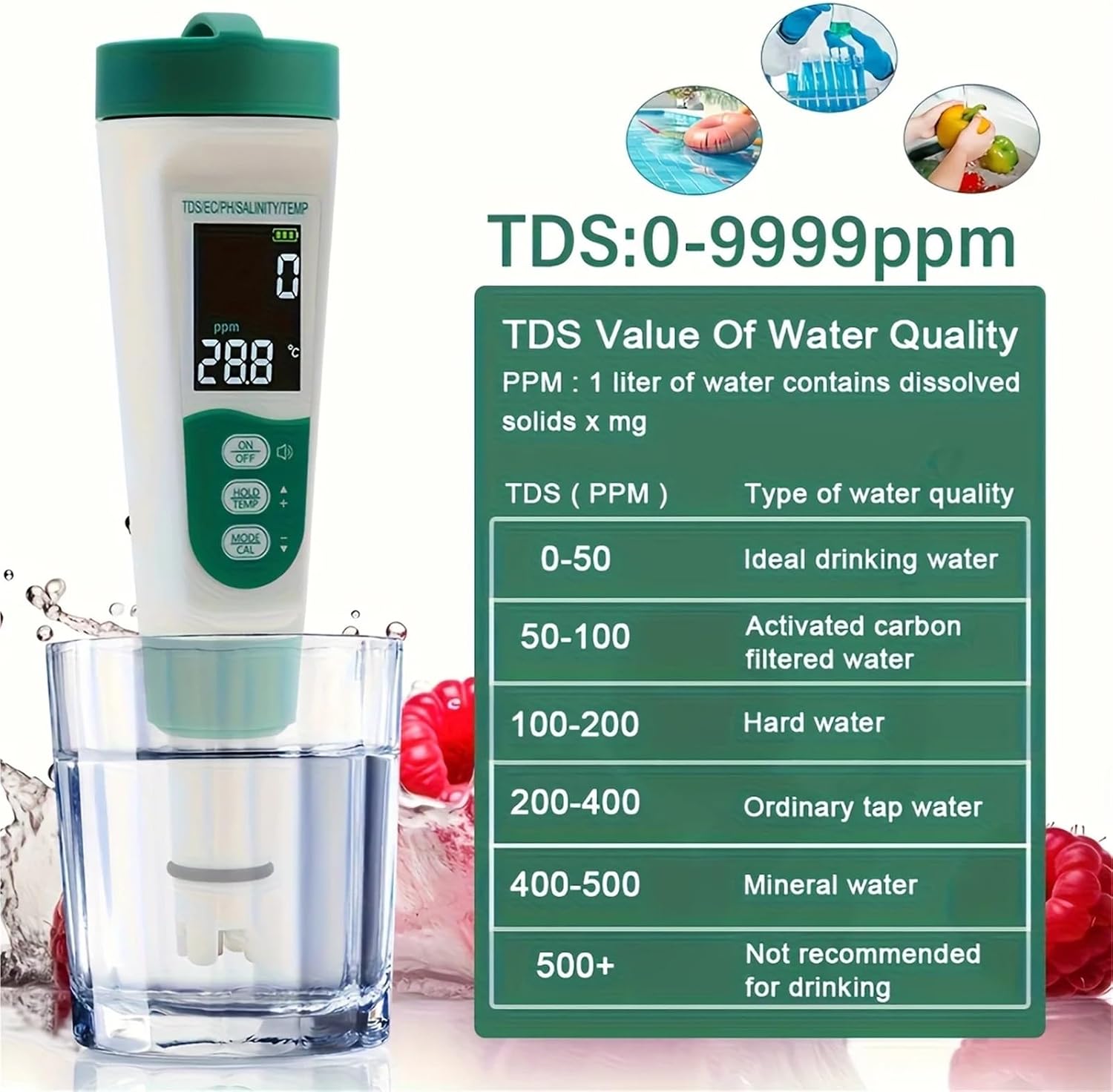 1pc 5-in-1 Water Quality Tester with Digital Display Multi-Parameter TDS/EC/Ph/Salt/Temp Tester, 0-999pps/µS/cm for Home, Pool
