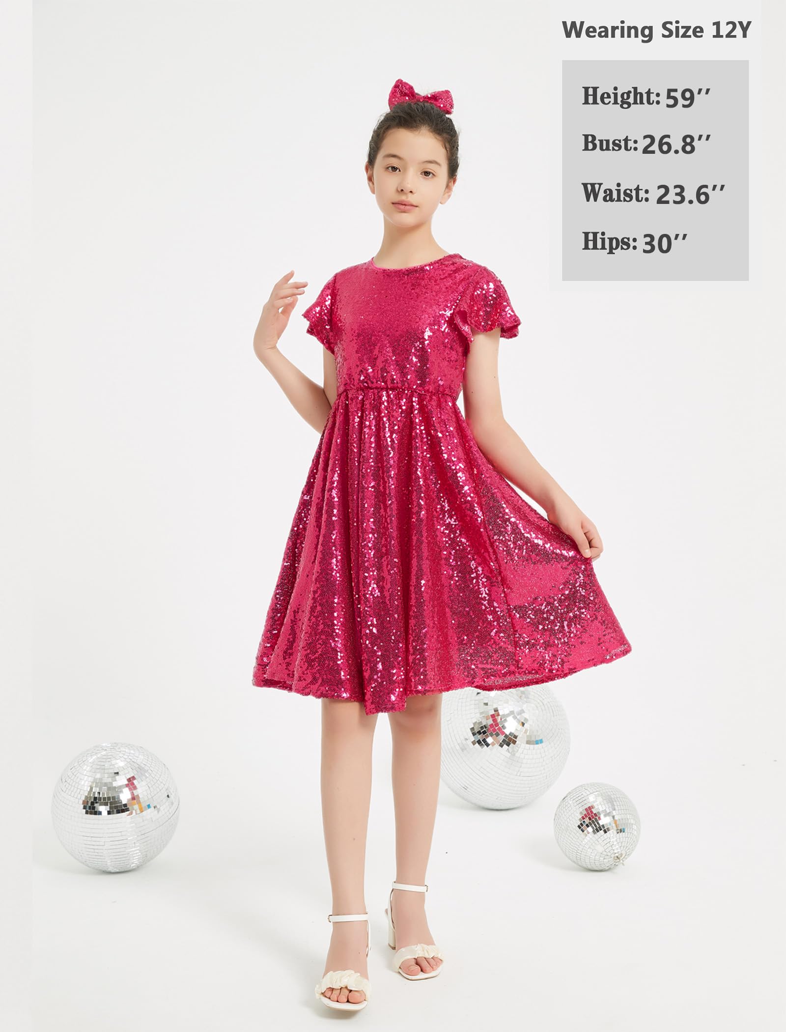 EXARUS Glitzernde Mädchenkleider mit Rüschenärmeln, Glitzer-Pailletten, Rundhalsausschnitt, A-Linie/figurbetont/Tunika-Kleid für Mädchen, 6–14 Jahre