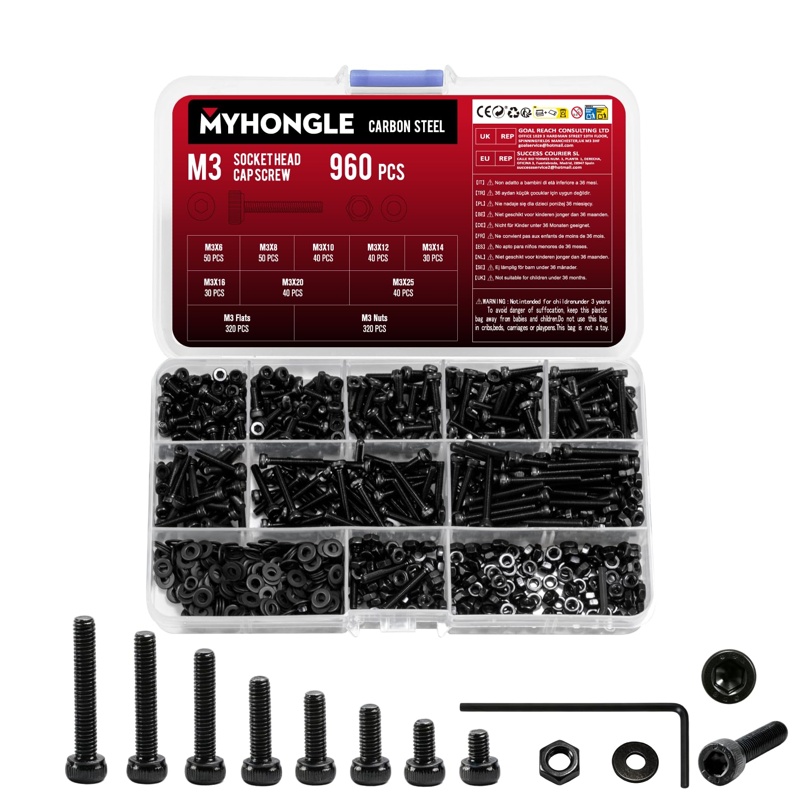 960 Pcs M3 Screws Set, Assorted Nuts and Bolts Set, Hex Socket Head Cap Screws Bolts and Nuts Sets, Black Hex Socket Cap Head Machine Screw Assortment with Lock & Flat Washers for DIY Repair