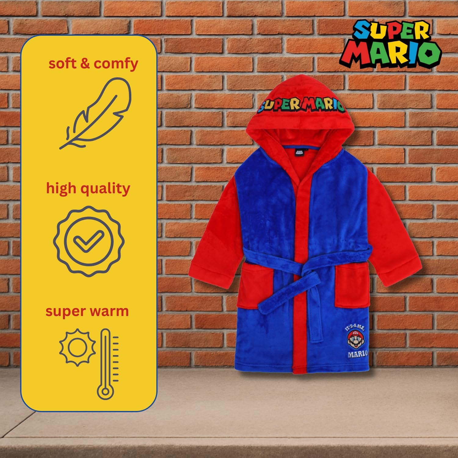 Super Mario Accappatoio per bambini, in pile coral con cappuccio, con logo, ragazzo, ragazza