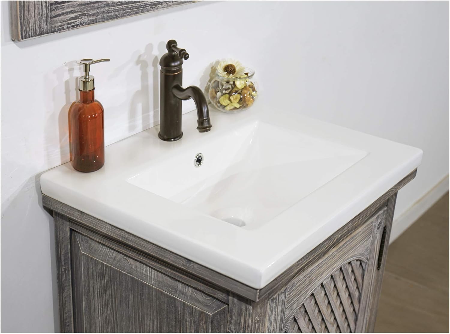 WK8124-G 24" Rustic Solid Fir Vanity with Ceramic single Sink -No Faucet, Grey-Driftwood