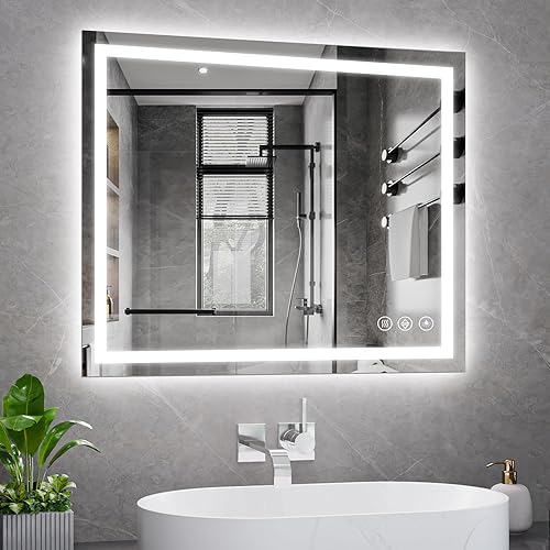Koonmi Espejo de baño LED de 30 x 36 pulgadas, retroiluminado + frontal iluminado, espejo de baño LED con luces para pared, 3 colores, antiniebla,