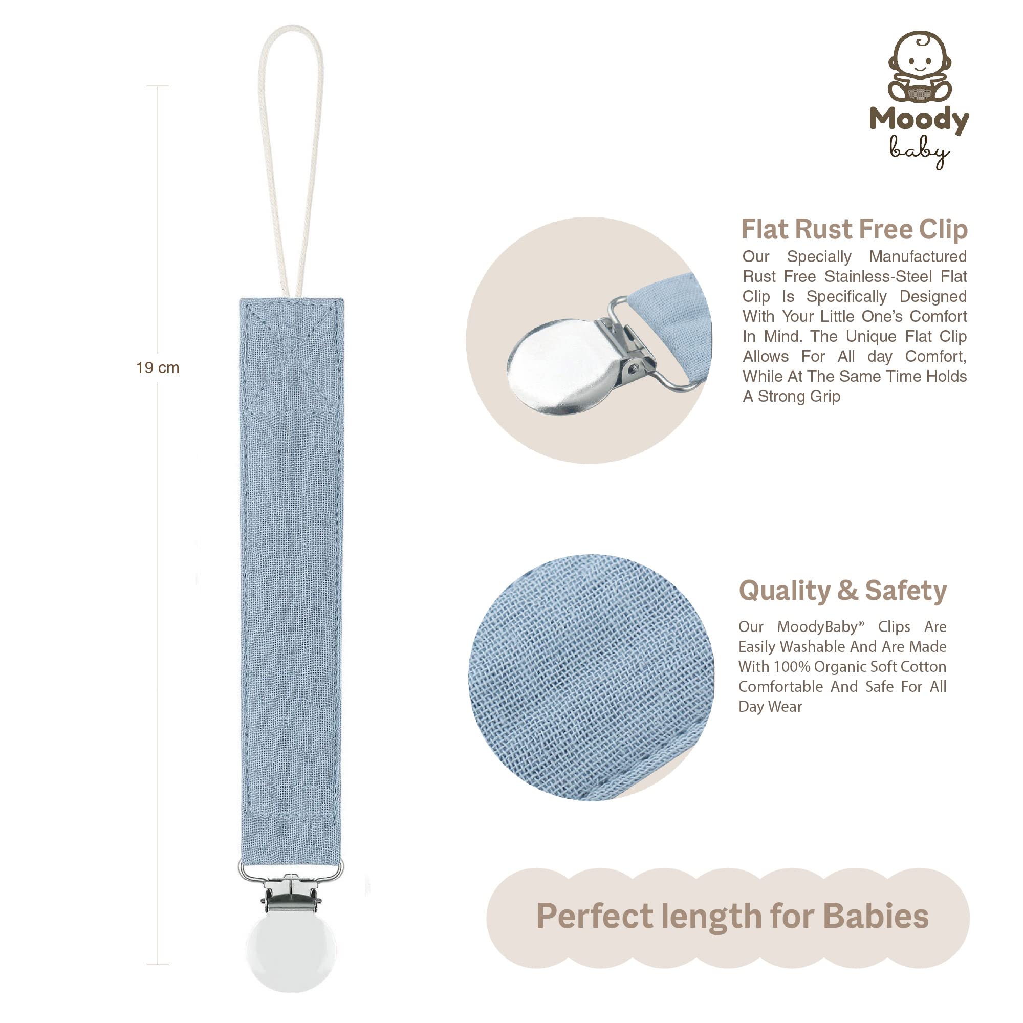 MoodyBaby® Soft Organic Muslin Cotton Fabric Dummy Clips, Handmade Pacifier Clip Chain for Babies Newborns Girls Boys - Image 2