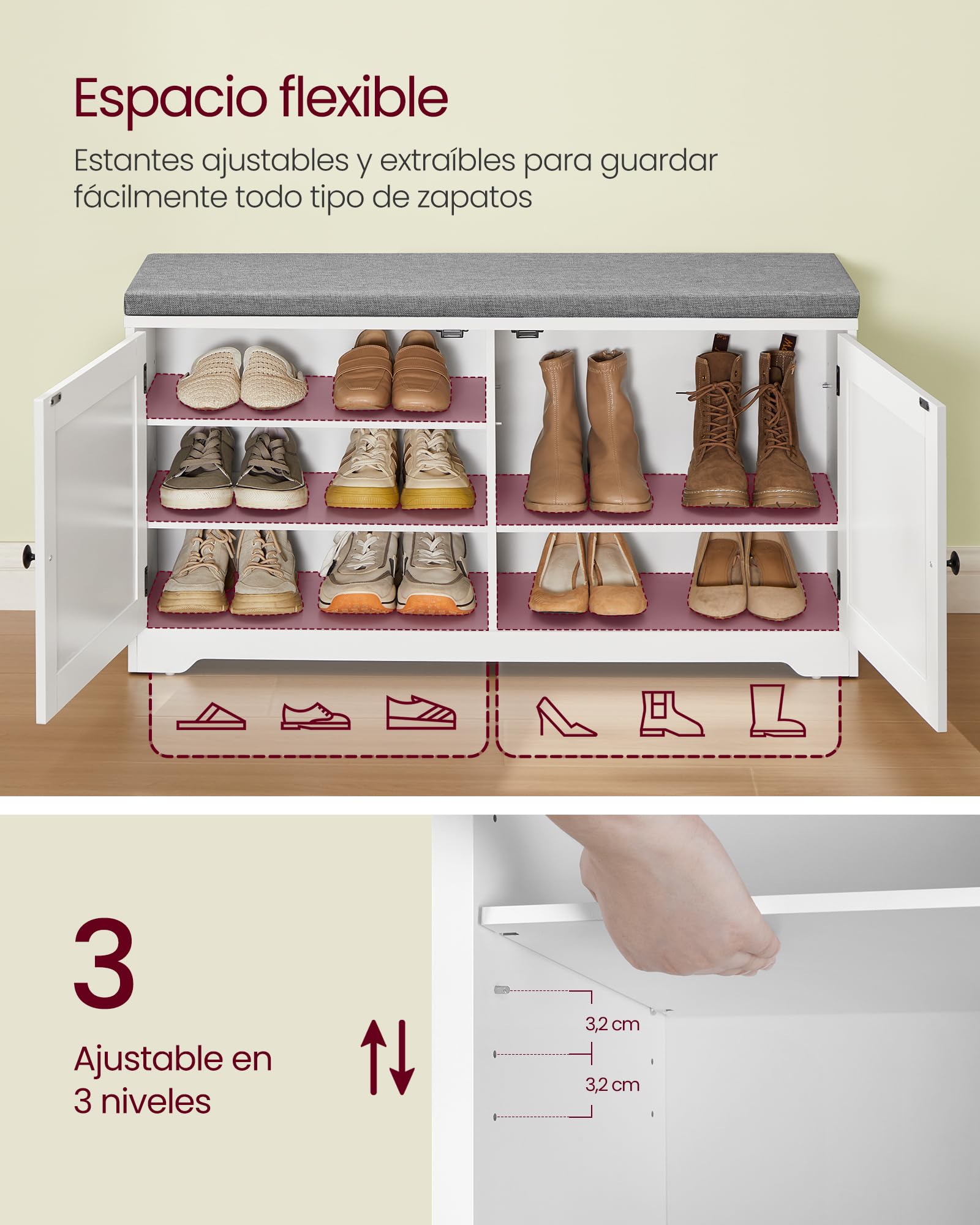 VASAGLE Banco Zapatero de 3 Niveles, con Puertas y Cojín, Estantes Ajustables, 35,5 x 101 x 52,5 cm, para Entrada, Dormitorio, Blanco Nube y Gris Paloma LSB044W01