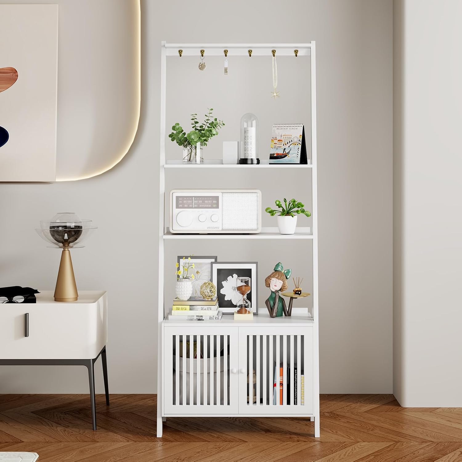 Bookcase with Drawers, 4-Tier Bamboo Bookshelf Ladder Shelf with 6 Hooks, 59.5"H x 24.8"L x 10.6"W, Tall Narrow Freestanding Standing Storage Organizer for Living Room, Office, Bedroom, White