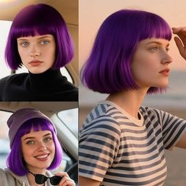 YOUNIGA Dark Purple Bob Wig With Bangs 12 Inch Short Synthetic Fiber Bob Wigs for Women Short Bob Wigs and Halloween Cosplay Wig for Daily Life Colorful Wigs With One Cap (Dark Purple)