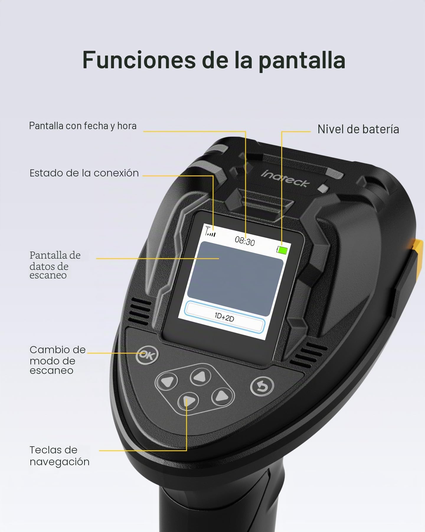 Inateck Escáner de Códigos de Barras Inalámbrico 2D con Pantalla, Doble Sensor CMOS CCD para Códigos Largos y Borrosos, Lector QR Bluetooth con Base de Carga, Teclado de Configuración, Soporta App SDK