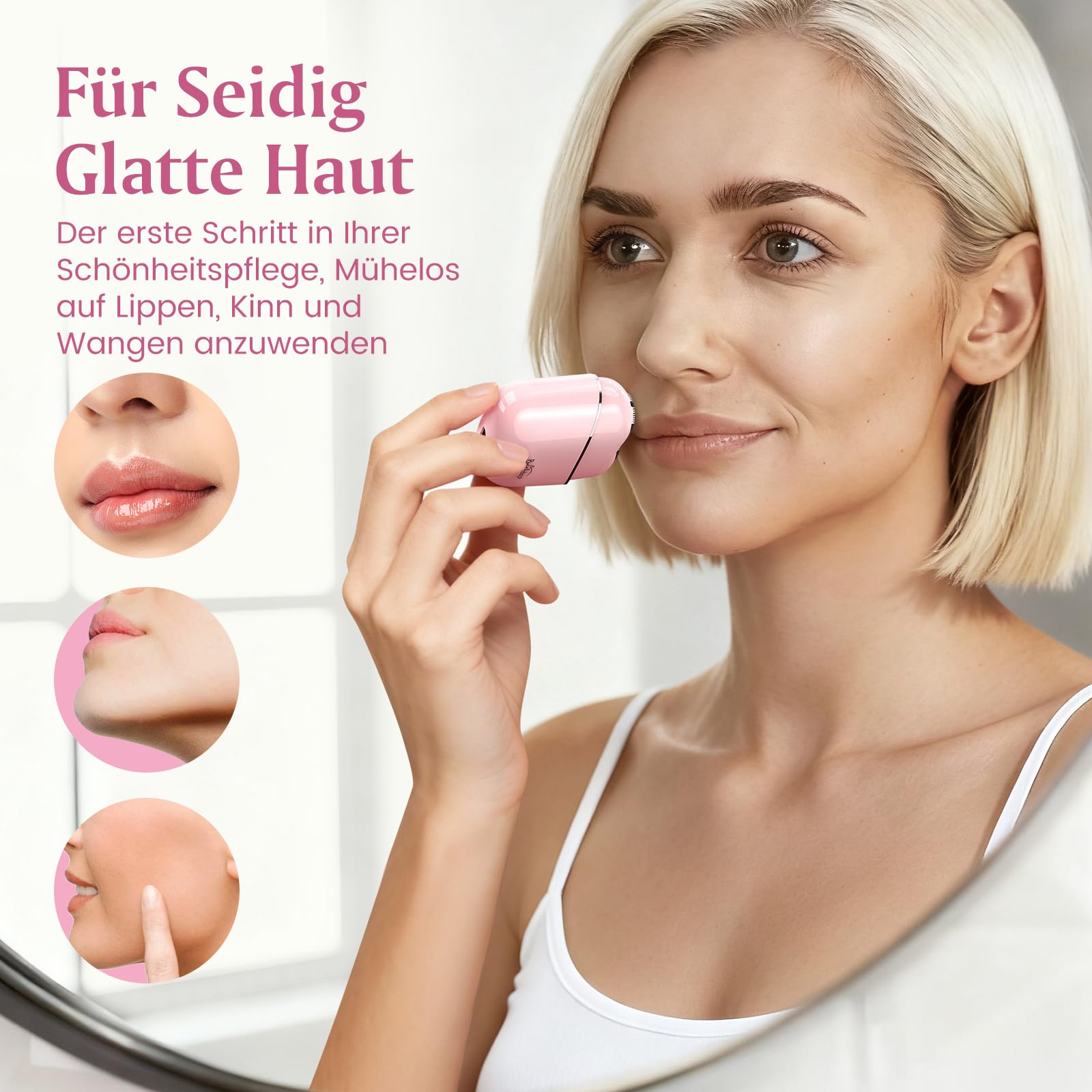 Brightup Gesichtshaarentferner für Frauen, Elektrischer Gesichtshaar Rasierer für Damen, Wasserfest, USB-C, Kleiner Damenrasierer für Schnelle und Sanfte Rasur, Oberlippe, Kinn und Wangen, Rosa