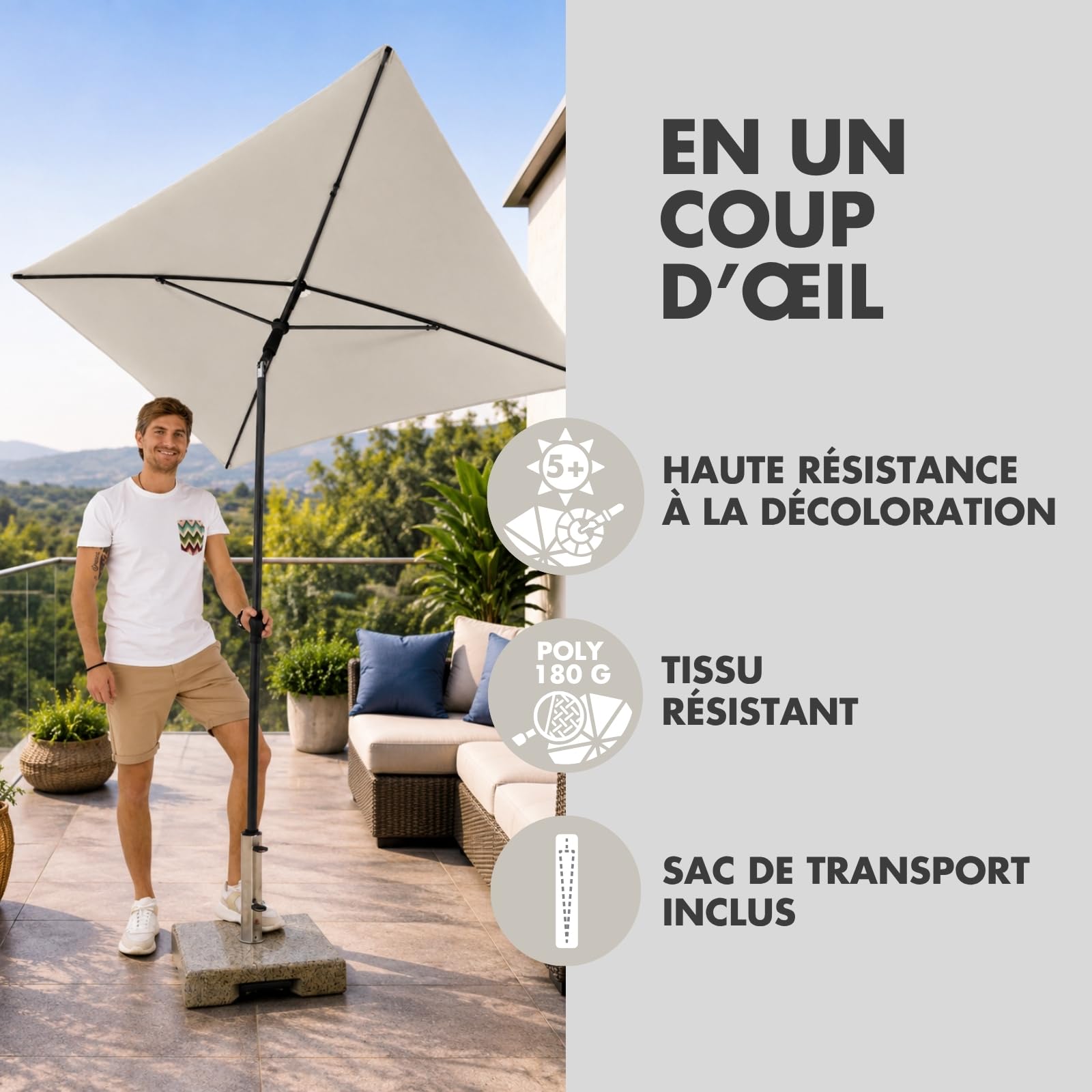 derby Parasol de balcon 180x120cm I Parasol rectangulaire pour balcon & terrasse I Parasol de balcon avec coulisse pour ouvrir I Réglable en hauteur I Parasol de jardin basculant