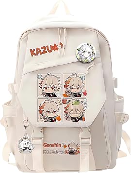 Anime Backpack Kaedehara Kazuha Backpack Cute Rucksack Comic Daypack with Adjustable Straps and Side Pockets for Travel and Everyday Use White