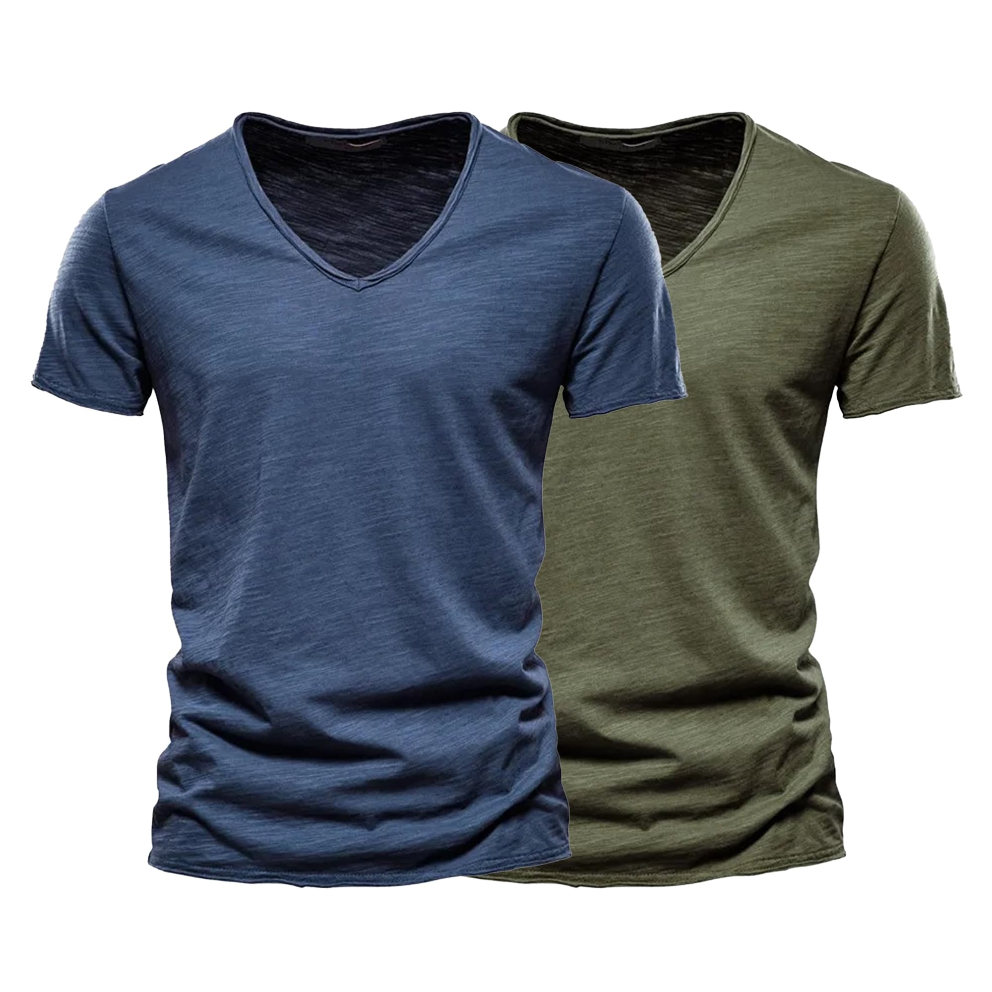 2 Pack Men's T-Shirt Slim Fit Short Sleeve V Neck Casual Cotton Tshirts Solid Color Summer Basic Tee Tops (DarkBlue/ArmyGreen,S)