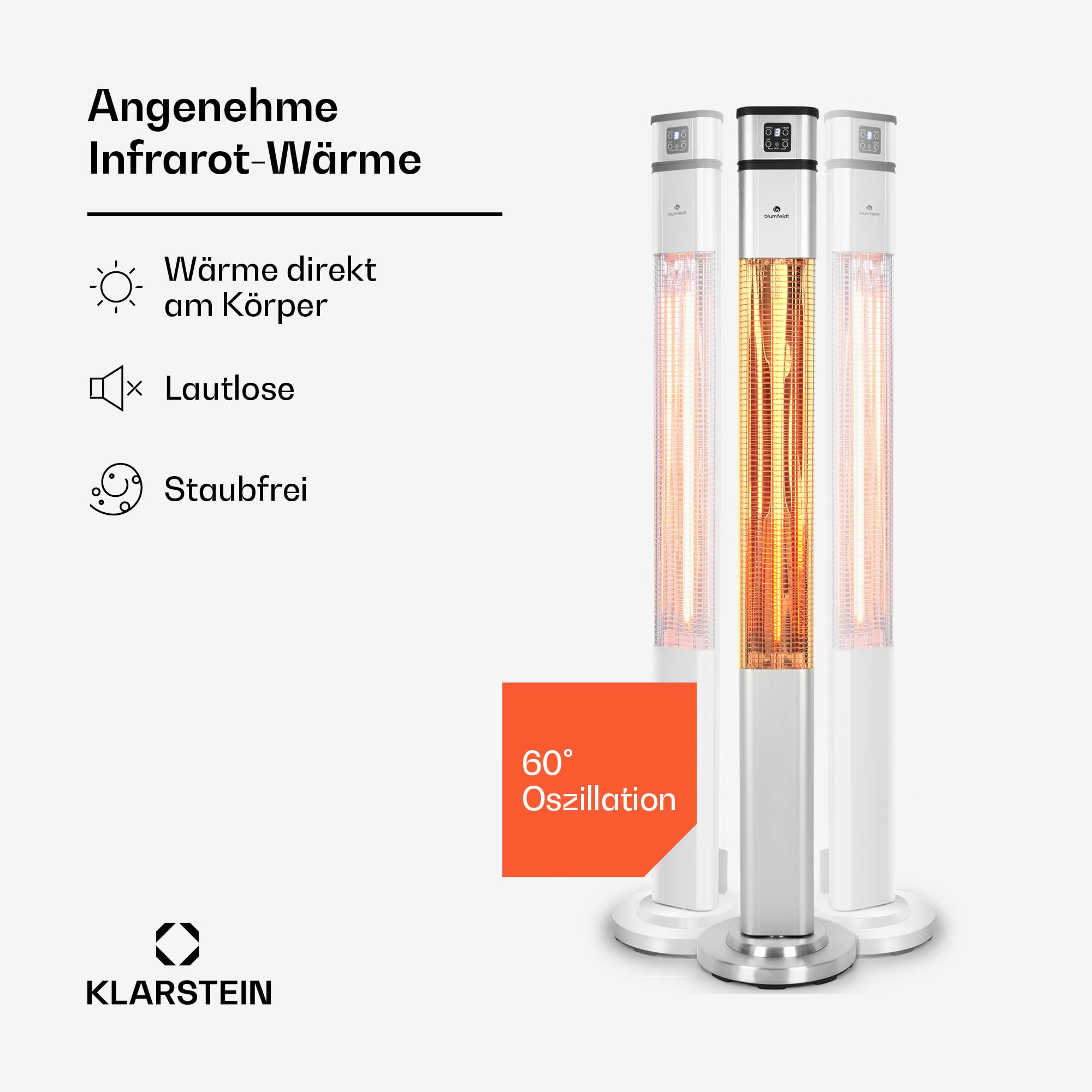 blumfeldt Heat Guru Plus Standheizstrahler - Stand Heizstrahler mit 2000 W Leistung, 3 Heizstufen, Infrarotstrahler mit Timer, 60° Oszillation, Carbon-Heizelement, Fernbedienung, Edelstahl, Silber