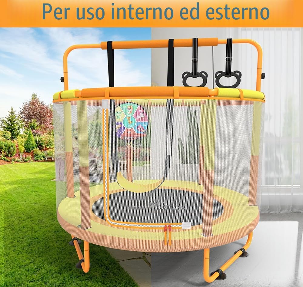 CZCPAPY - Trampolino elastico per bambini, per interni ed esterni, con rete di sicurezza, cestino, aste, altalene, regalo per bambini (giallo arancione)
