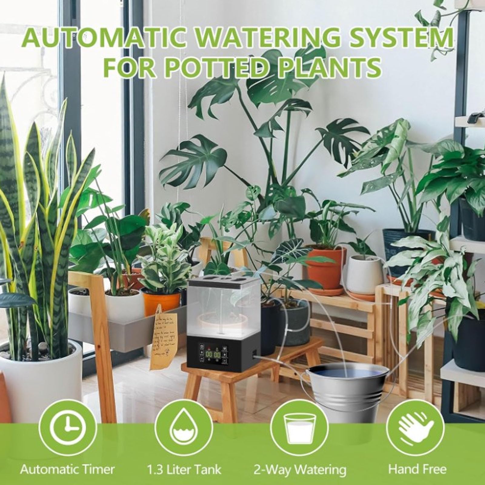 CHICIRIS di Irrigazione Automatico Efficiente di Cura delle Piante con Serbatoio da 1,3 Litri con Timer per Piante da Interno