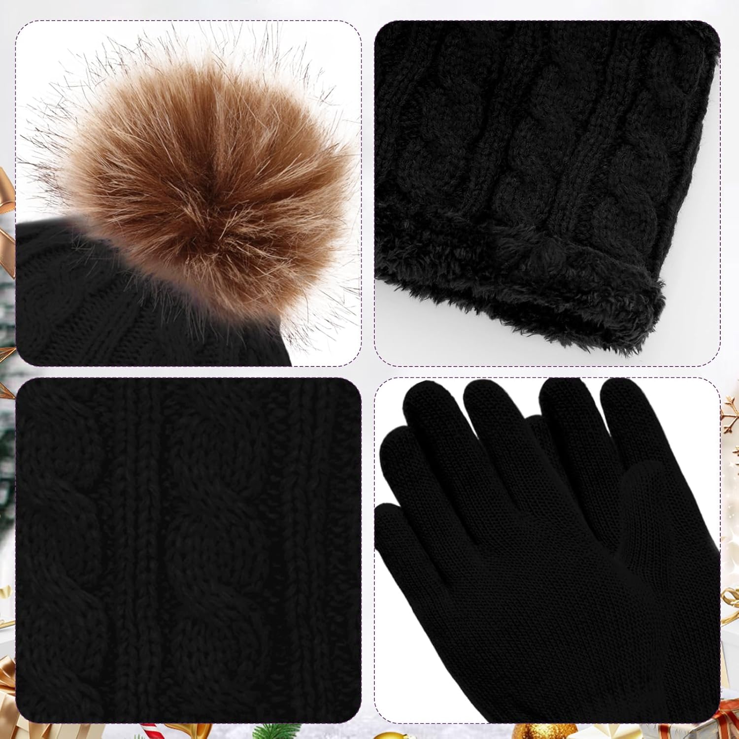 Heliltd 3pcs Kids Winter Hat Scarf Gloves Set Warm Knit Beanies with Pom Pom Soft Neck Warmer Mittens for Boys Girls Age 3–10 - Image 3