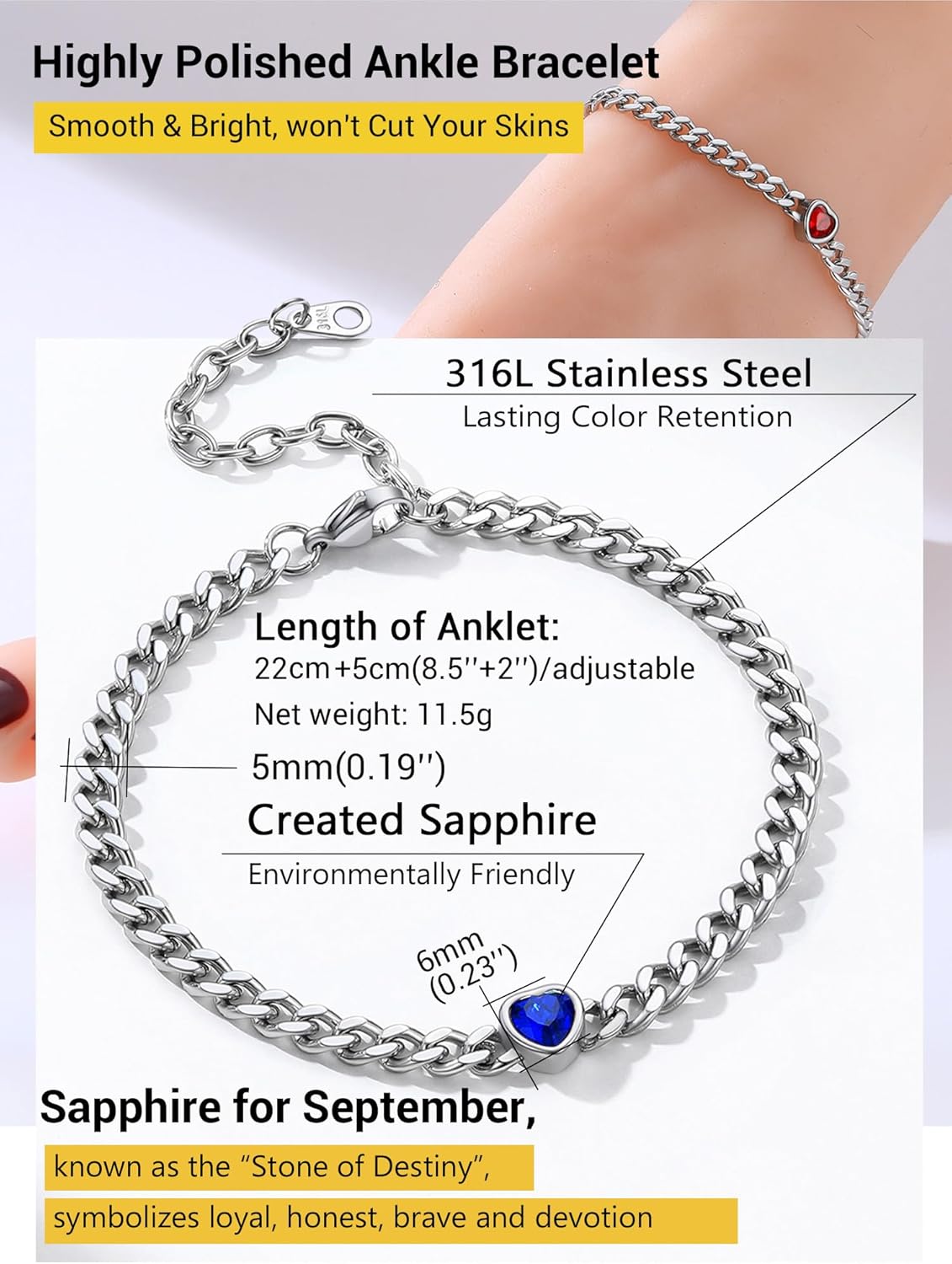 PROSTEEL Cuban Links Heart Anklets for Women, Adorned with Sparkling Birthstone, Black Stainless Steel Chain Ankle Bracelet, 8.5"-10.5" Adjustable, Come with Box - Image 4