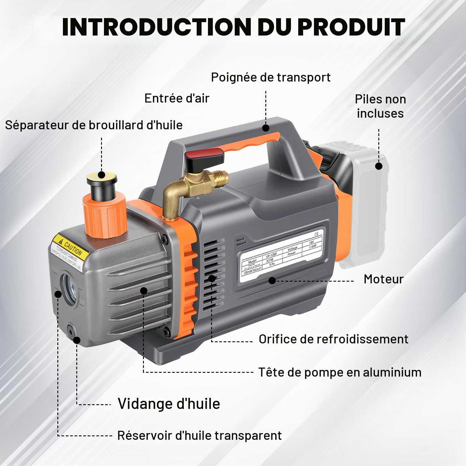 Pompe à vide compatible avec batterie Mak-ita 18 V, pompe à vide à 1 étape, 2 CFM, 1/4HP, 5PA testeur de vide pour outil d'air réfrigérant HVAC AC, dégazage de résine, emballage sous vide (sans piles)