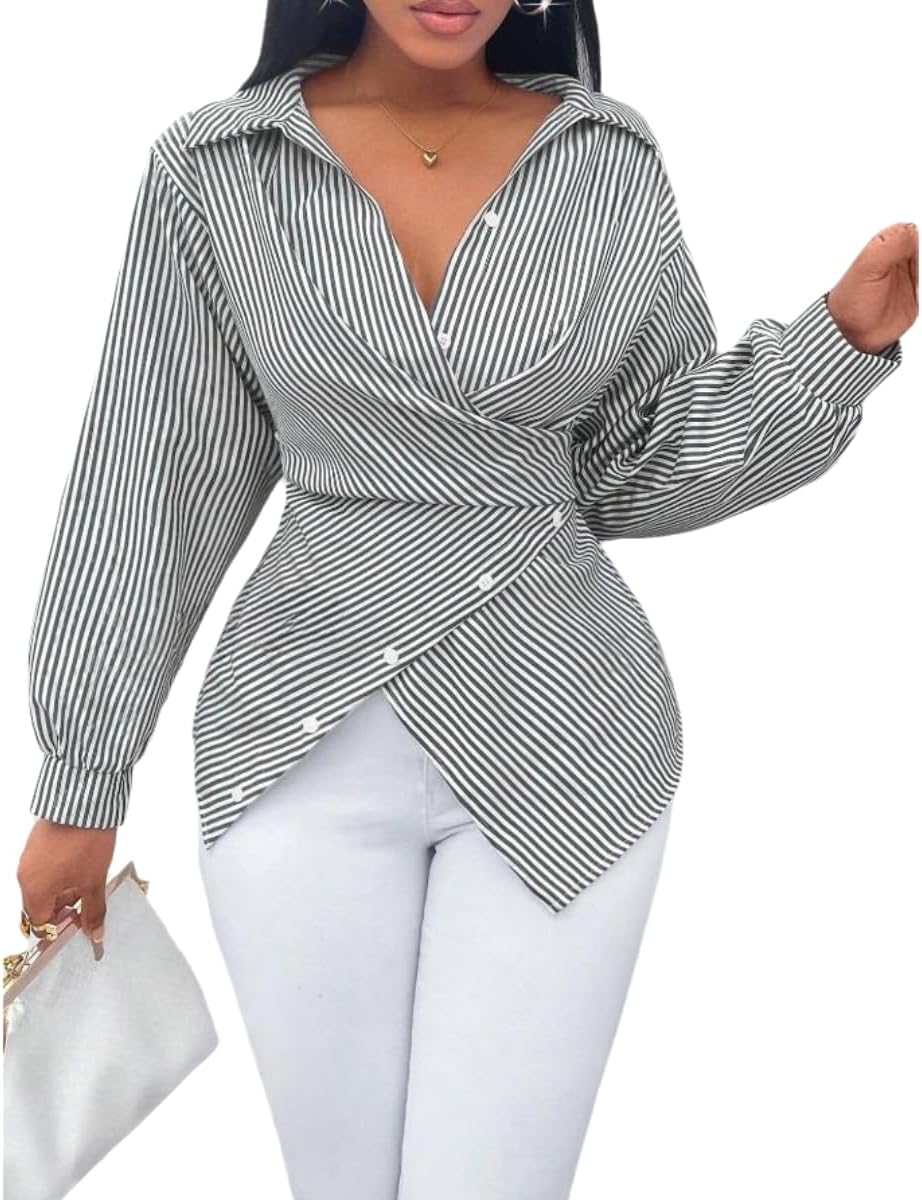 Chvity Stripes Cross V Neck Wrap Blouse for Women Fashion Sexy Slim Fit Long Sleeve Buttons Shirts Casual Cozy Tops