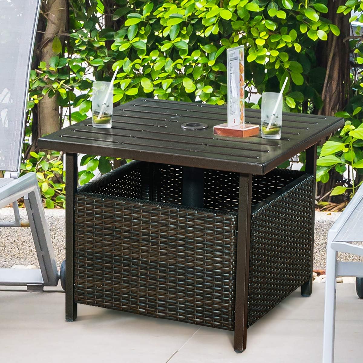 Multigot WARMHAND Rattan Garden Side Table Patio Wicker Bistro Dining Tables with Umbrella Hole Pool Umbrella Coffee Table for Backyard Patio and Beach