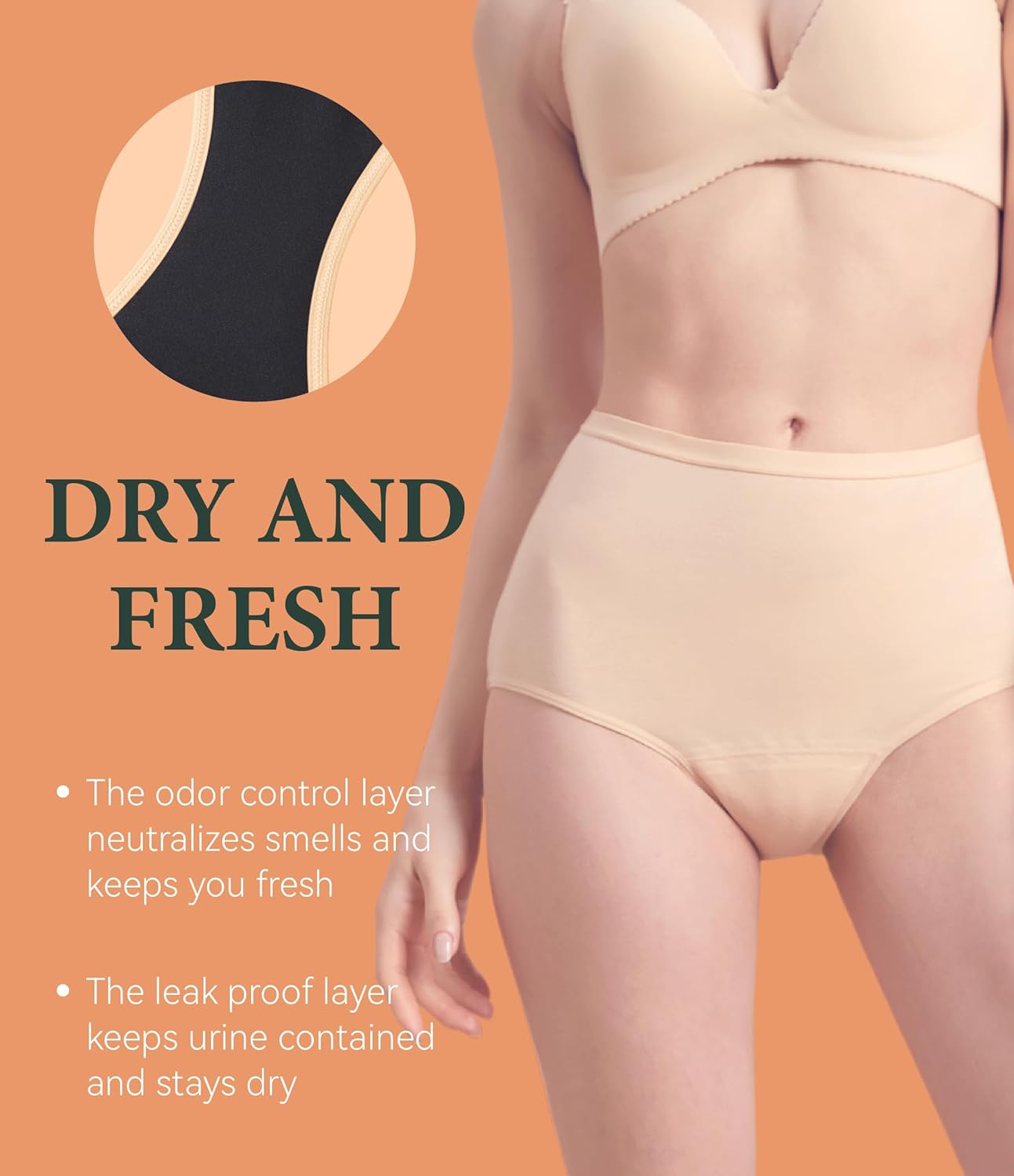 Urinary Incontinence Postpartum Underwear for Women Washable Leak Proof Odor Control 56ml Absorbency Brief 1 Pack (Skin, M) - Image 4