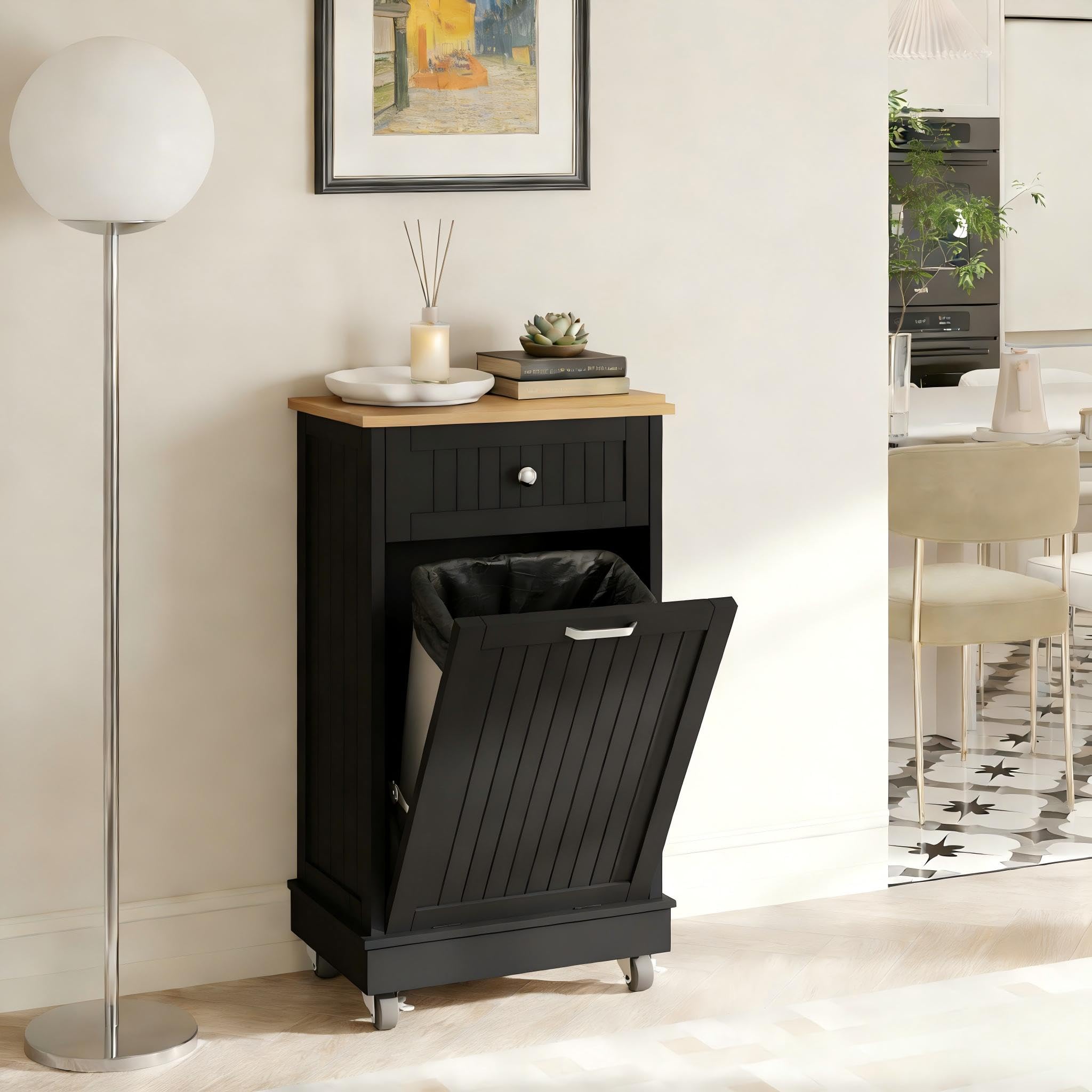10 Gallon Tilt-Out Trash Can Cabinet, Single Compartment Wooden Garbage and Recycling Bin with Hideaway Drawer, Wheels, Pet Proof - Freestanding Kitchen Bathroom Laundry Hamper Storage, Black