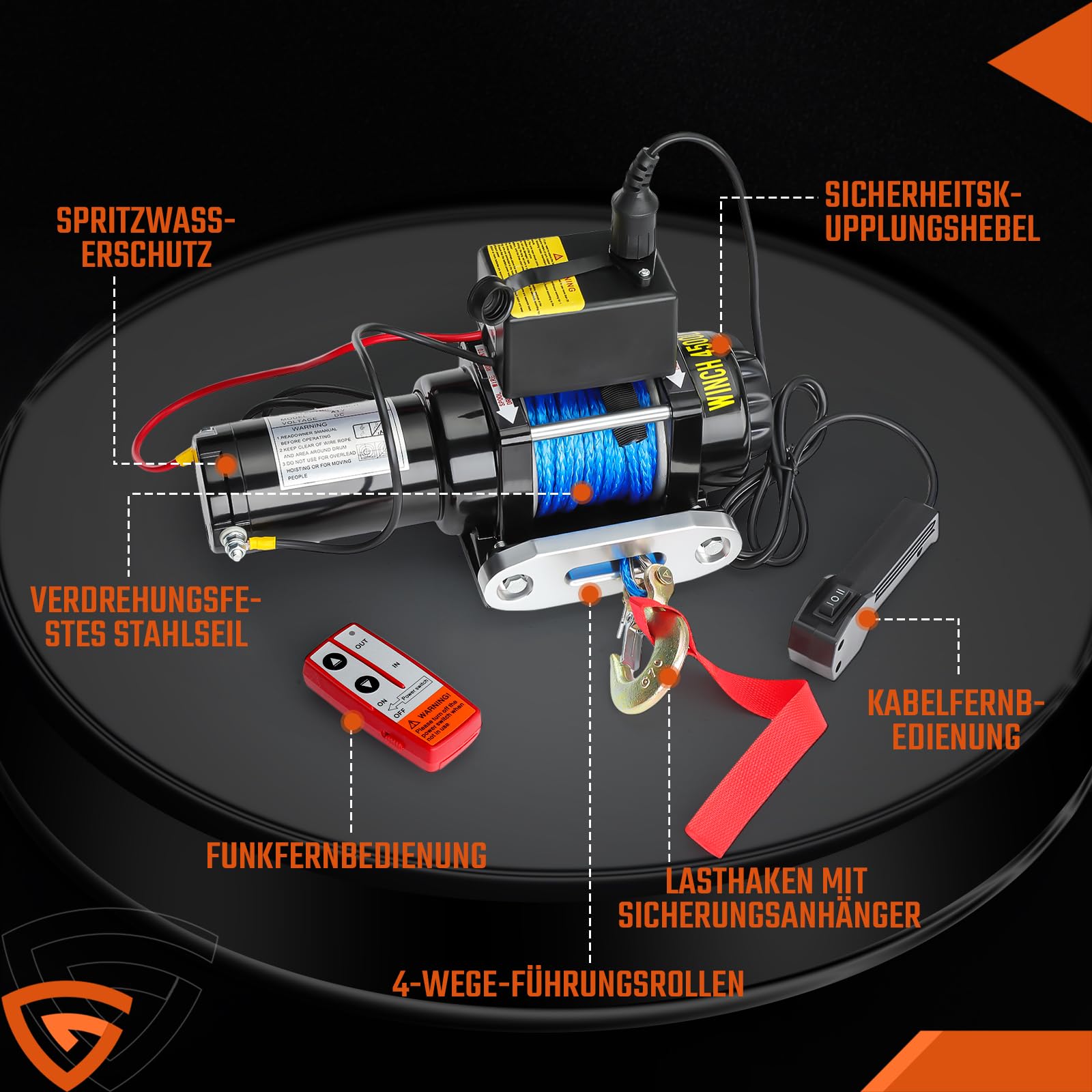 Elektrische seilwinde 12V 2041kg / 4500lbs, Motorwinde Seilzug Elektrowinde 1,4kW Motor, mit Dyneema-Seil, Funk & Kabel Fernbedienung, Wasserdicht, Seilfenster, für UTV, SUV, Boot, Anhänger