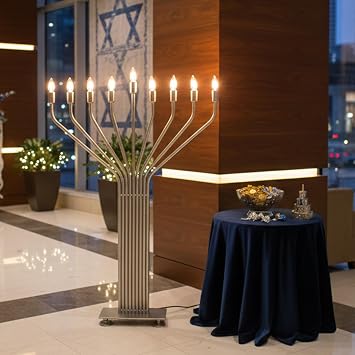 Extra-Large 44" Electric Menorah Heavy-Duty Aluminum & Steel, Auto or Manual Lighting, 9 LED Flame-Effect Bulbs Included Huge Menorah for Schools, Synagogues, Temples & Public Displays
