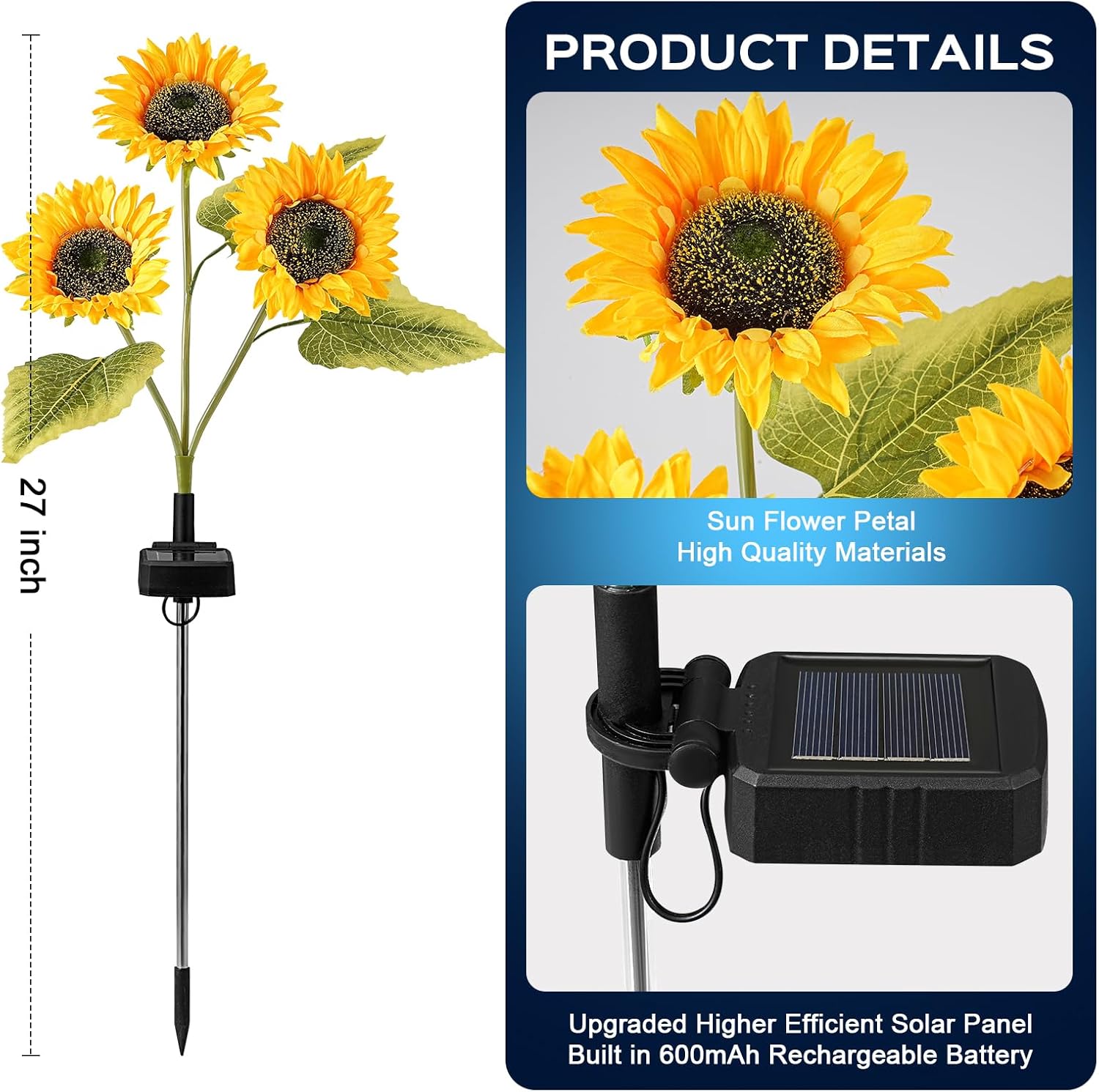 TANSOREN 3 Pack Solar Garden Lights Outdoor, 2 Lighting Modes Warm White LED Waterproof Solar Powered Sun Flowers Landscape Light for Outside Yard, Patio, Pathway Decorative, Décor, Gifts