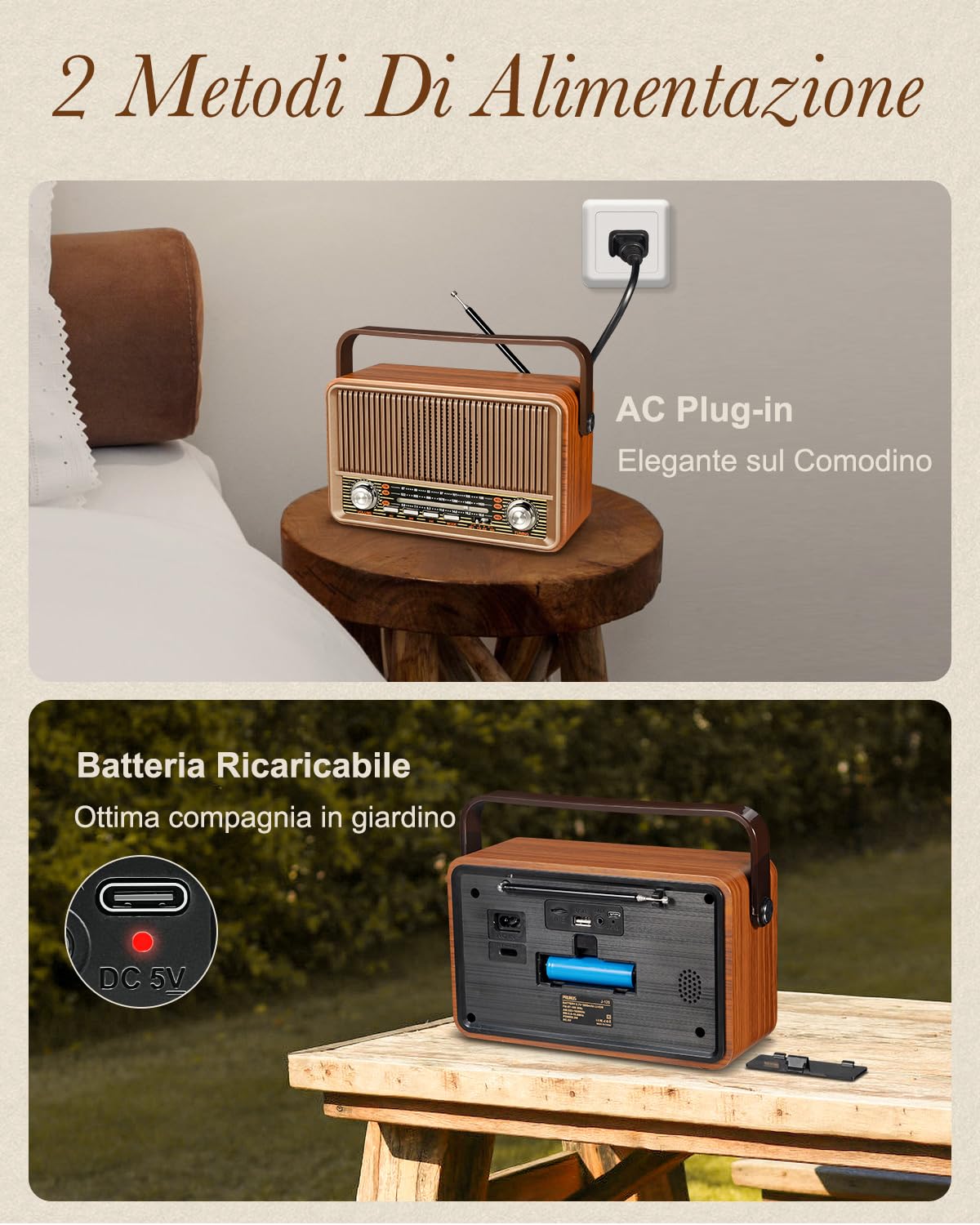PRUNUS J-120 Radio Portatile Vintage Legno FM/AM/SW Altoparlante Bluetooth Retro Batteria Ricaricabile 1800 mAh