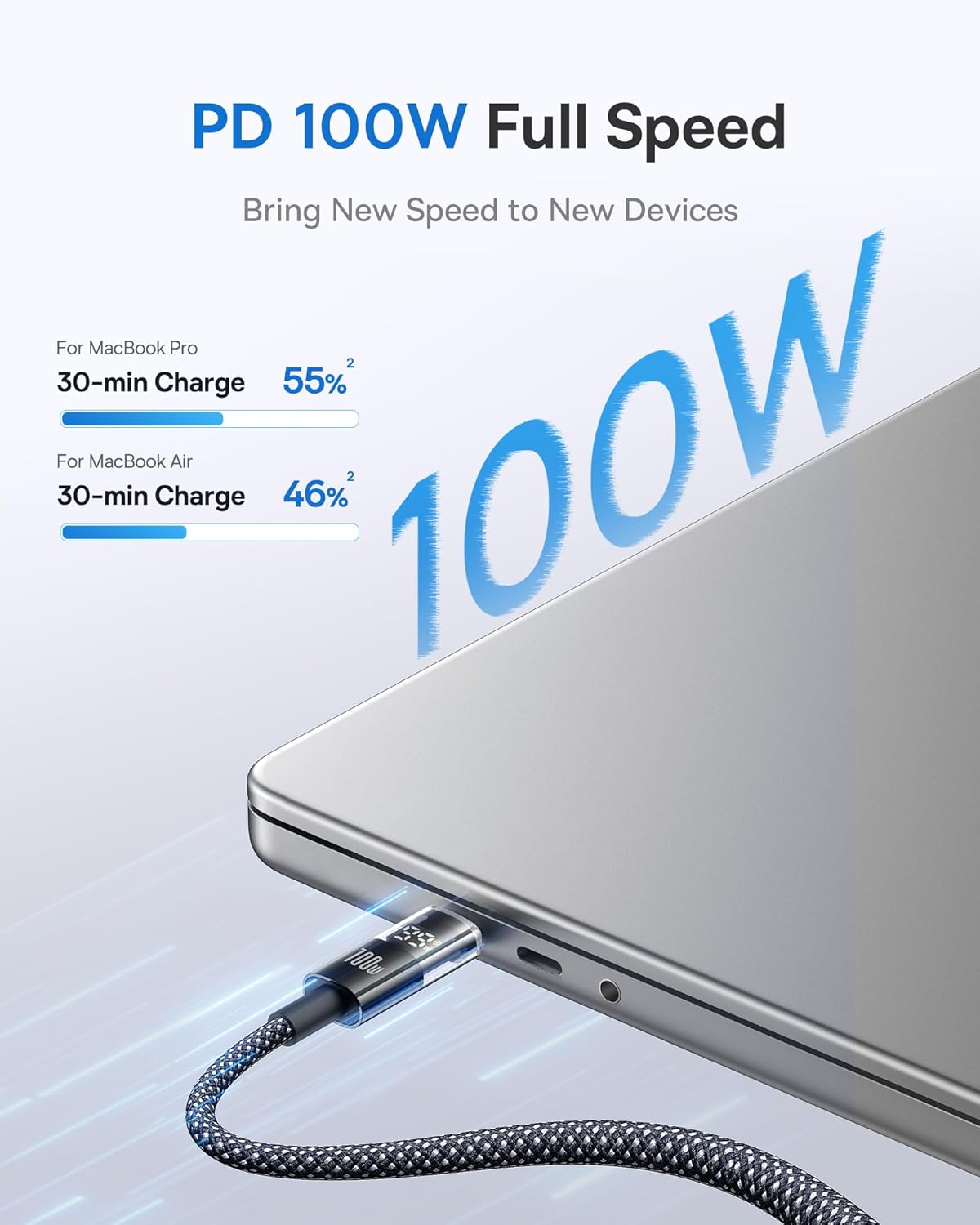 Baseus USB-C cable charging a MacBook Pro at 100W full speed