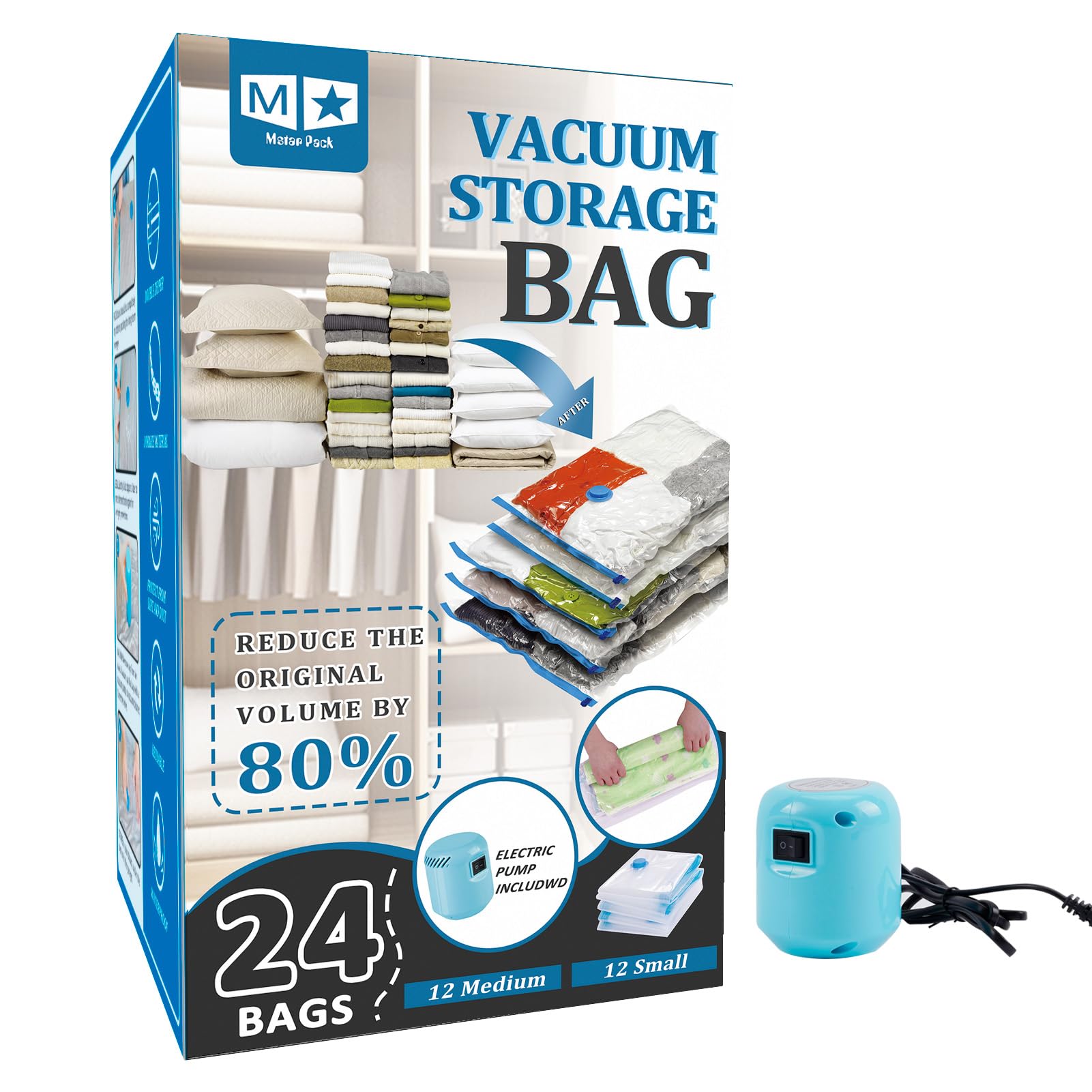 Bolsas de almacenamiento al vacío con bomba de aire eléctrica, paquete de 24 (12 medianas y 12 bolsas pequeñas) con cierre de cremallera para ropa de viaje, mantas, edredones, almohadas, edredones