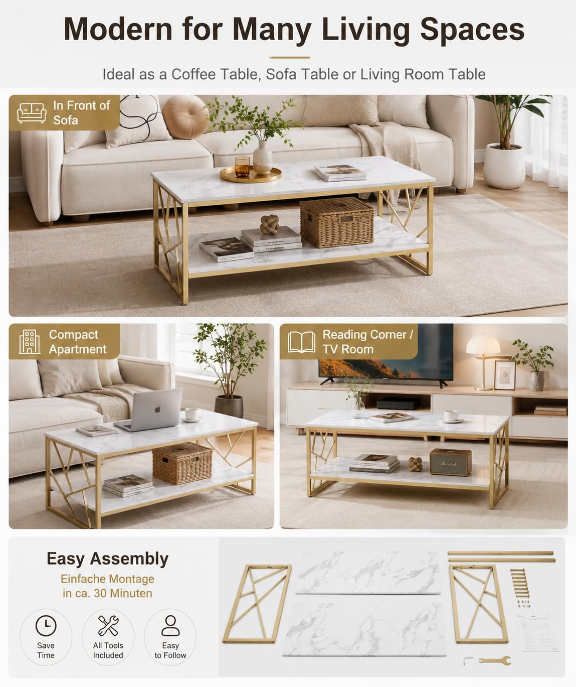 Couchtisch 110x50 cm - Weißer Wohnzimmertisch mit Stauraum, MDF Marmoroptik Sofa Tische, Moderner Kaffetisch fürs Wohnzimmer