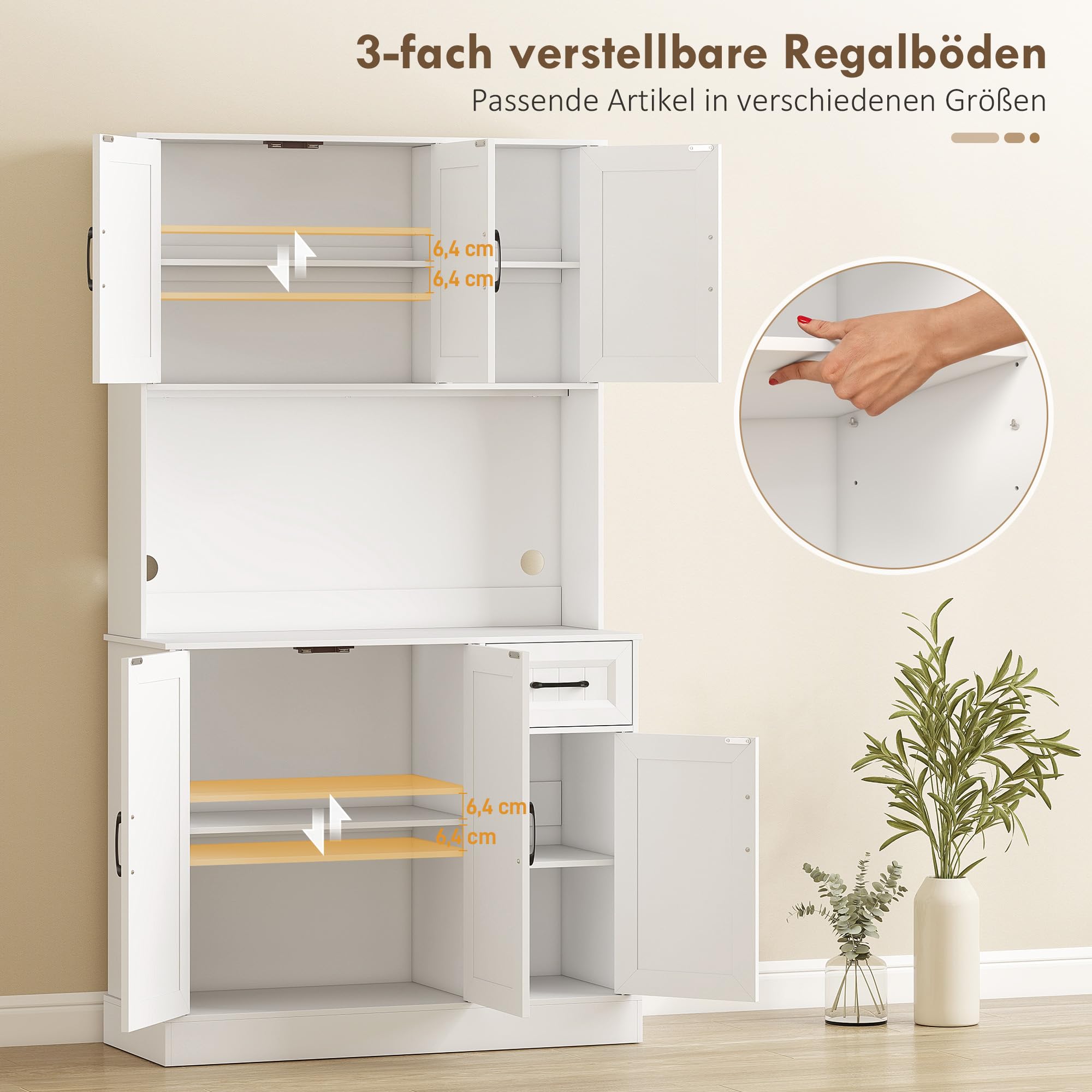 HOMCOM Küchenschrank mit Arbeitsplatte 6 Türen 100 x 39,5 x 180,5 cm Weiß | Buffetschrank, Verstellbaren Regalen, Schublade, Hochschrank Vorratsschrank mit Kabelloch, für Küche Wohnzimmer Esszimmer