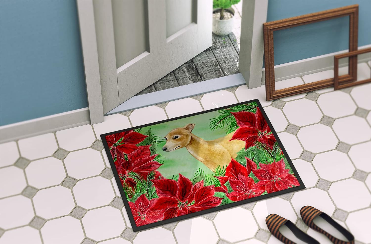 Caroline's Treasures CK1346MAT Italian Greyhound Poinsettas Doormat 18x27 Front Door Mat Indoor Outdoor Rugs for Entryway, Non Slip Washable Low Pile, 18H X 27W