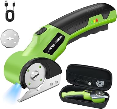4V Cordless Electric Scissors Green, Effortless Cutting with Safety Lock & LED Light, 2 Blades Power Rotary Cutter Saves 50% Time on Cardboard, Fabric, Carpet, Leather, Rechargeable with Storage Box