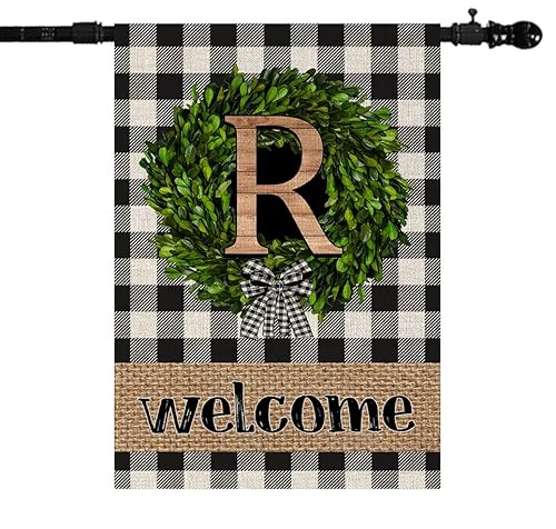 Welcome House Flags R Initial Letter Wreath Custom Last Name Porch Flags Vertical Double Sided Buffalo Plaid Wood Garden Yard Banner Lawn Outdoor Decoration 28" X 40"(R) #TOP6