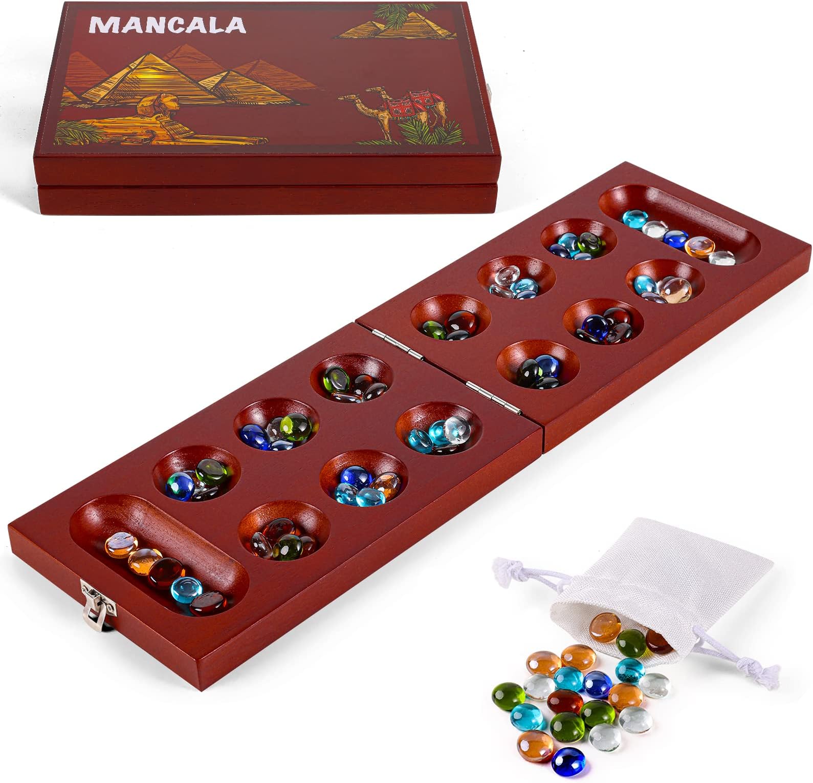 Mancala Board Game for Kids, Adults & Family. Includes Folding Rubber Wood Board, 48+10 Colorful Mancala Stones & Instruction. Classic & Portable Marble Game for Travel