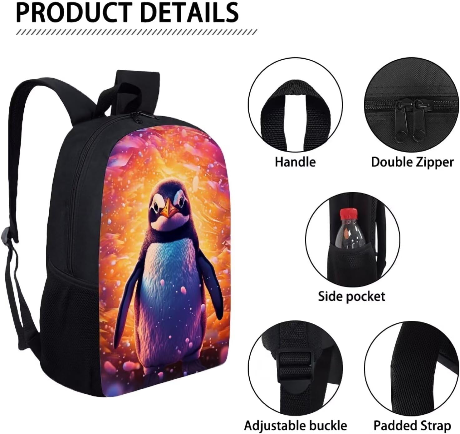 Penguin Backpack for Boys Girls Novelty Cute Graphic Animal Print School Backpack 17 Inch Student Lightweight Comfy Black Kids Bookbag with Side Mesh Pocket