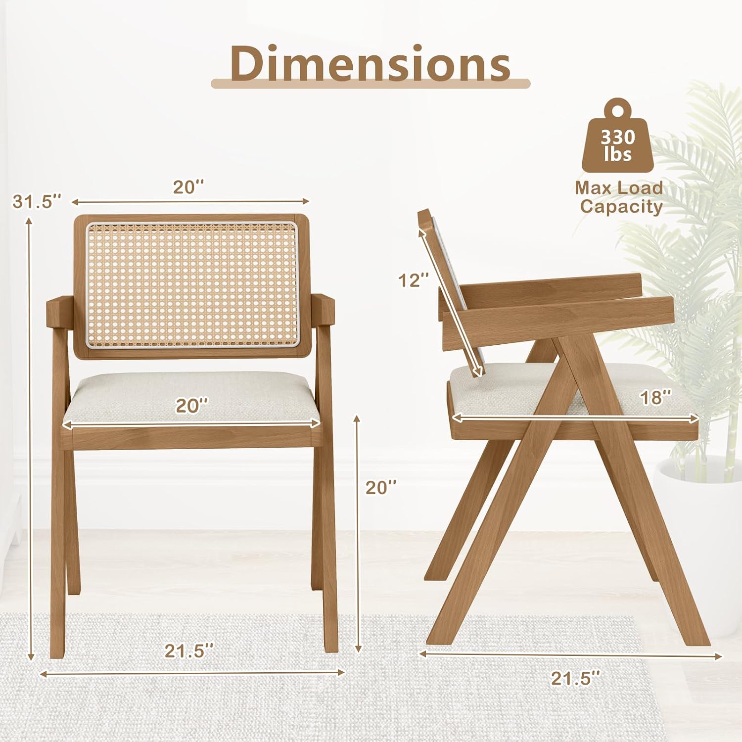 Giantex Rattan Dining Chairs Set of 2, Fabric Kitchen Chairs w/Armrests & Padded Cushion, Rubber Wood Frame, Mid Century Armchairs, Modern Accent Side Chairs for Bedroom, Reading Room, Beige