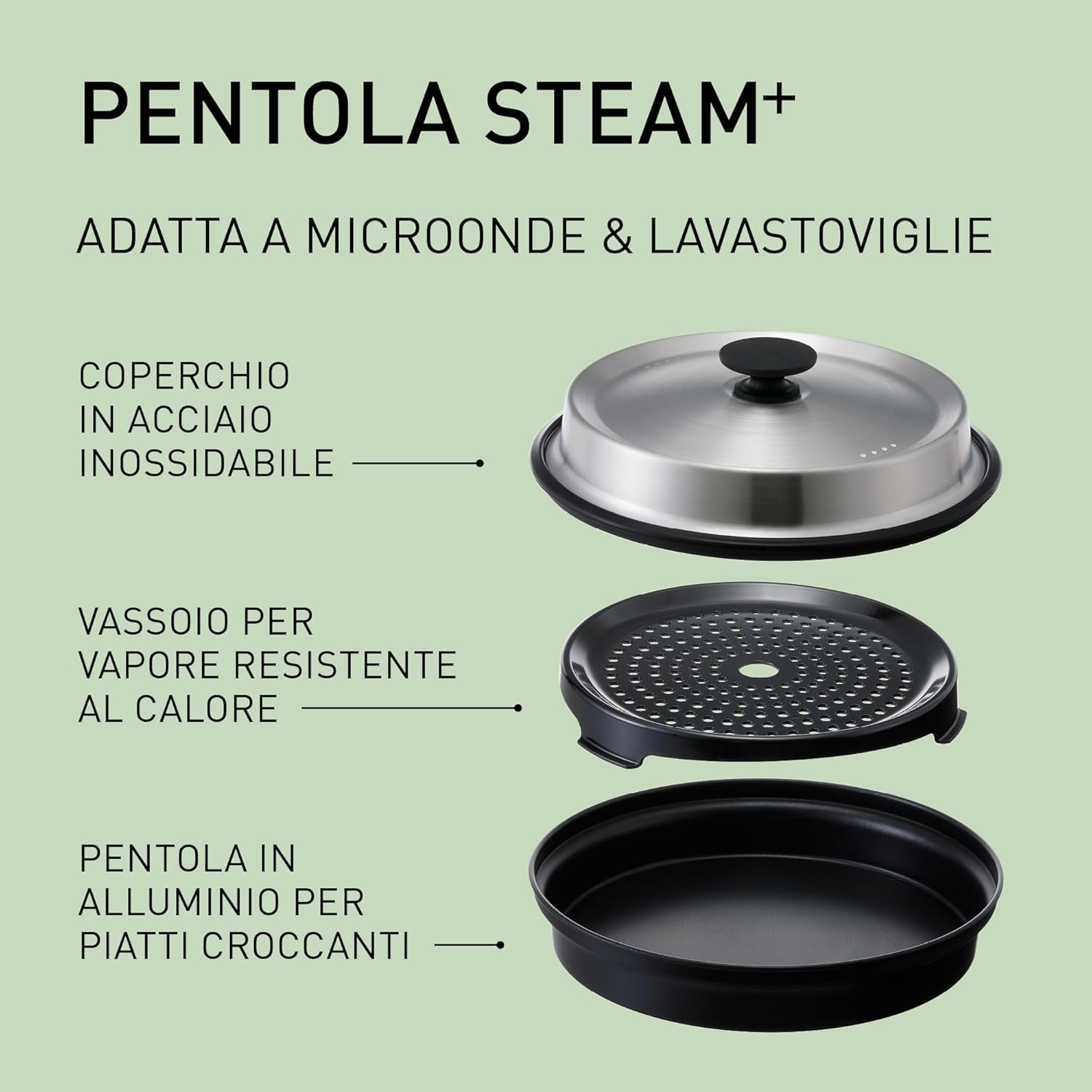 Components of the Steam+ Pot: stainless steel lid, heat-resistant steam tray, and aluminum pan