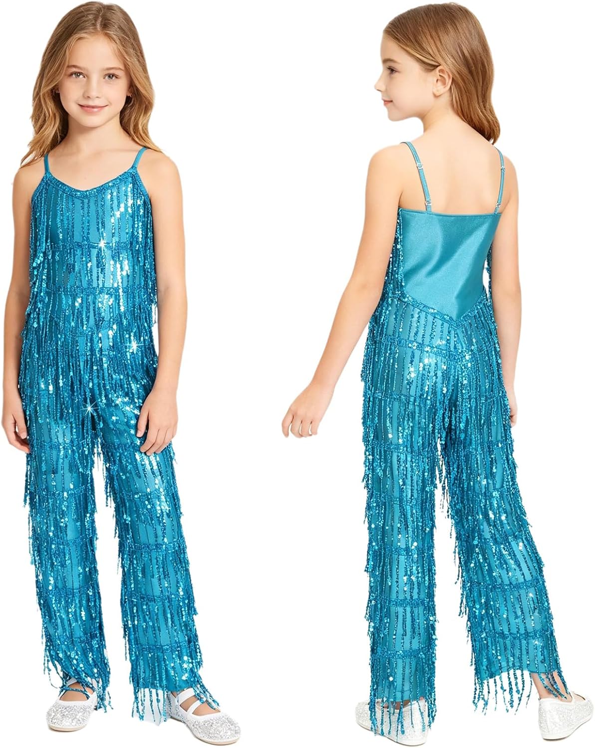 Kids Girls Stage Performance Shiny Metallic Dance Unitard Full Body One Piece Sleeveless Bodysuit