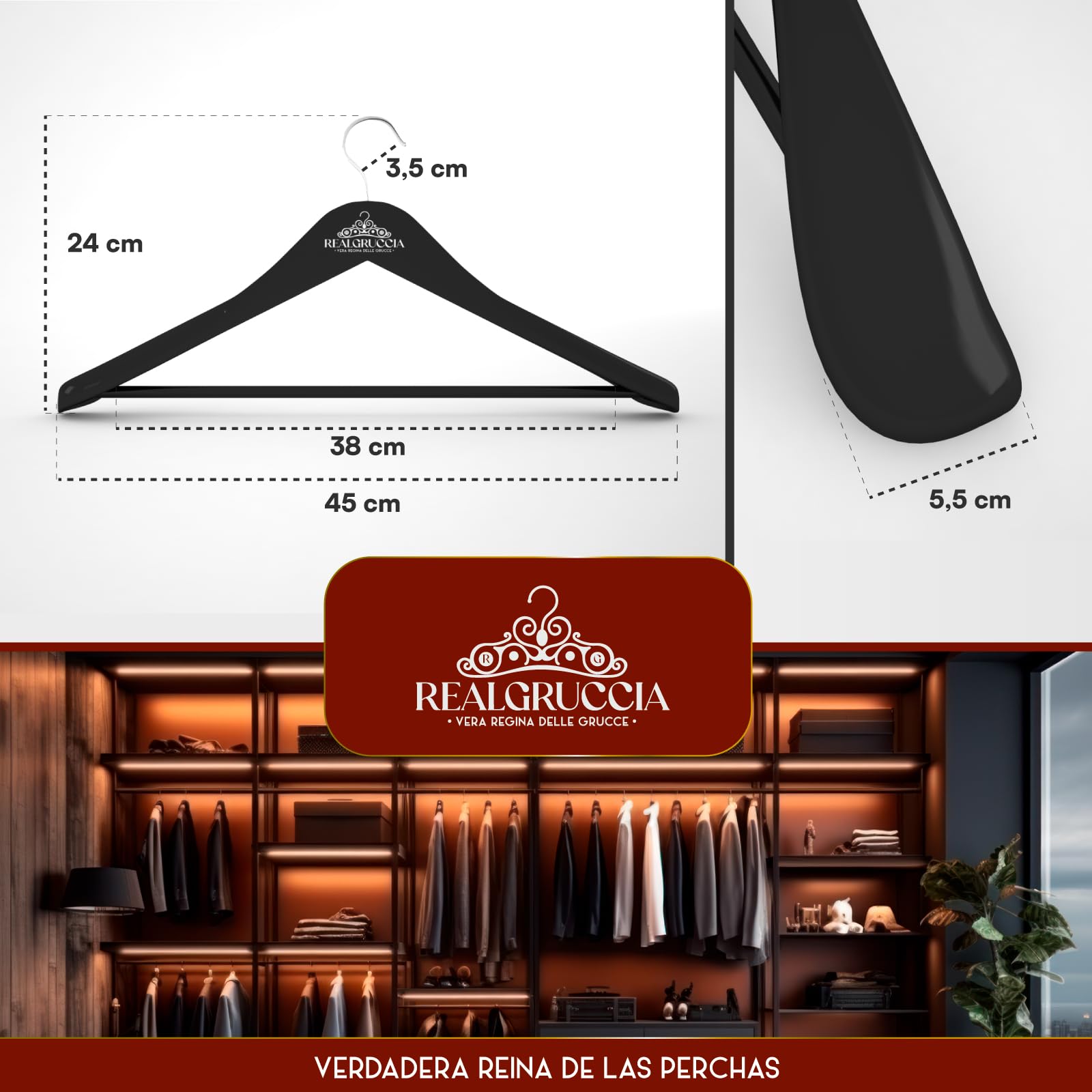 6 Perchas de Madera Negras con Hombros Anchos para Ropa Abrigos Trajes 24x45cm RealGruccia - Gancho Giratorio 360° y Barra para Pantalones - Acabado Brillante y Perfil Biselado