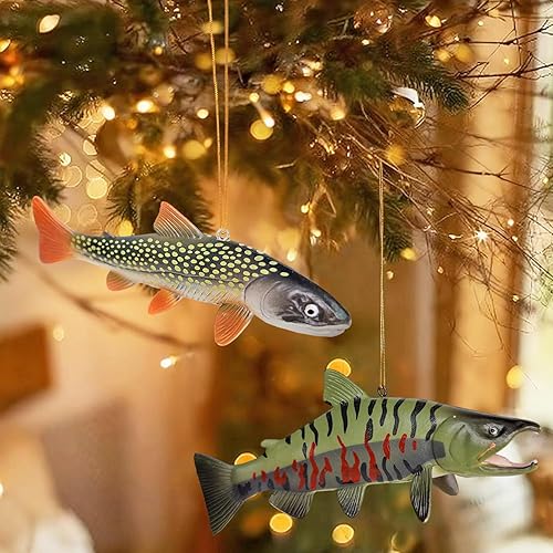 Miniatura 4 de Adorno de árbol de Navidad 3D de trucha y salmón de arroyo de 6 pulgadas, decoración de pesca para espejo retrovisor de automóvil, adorno colgante