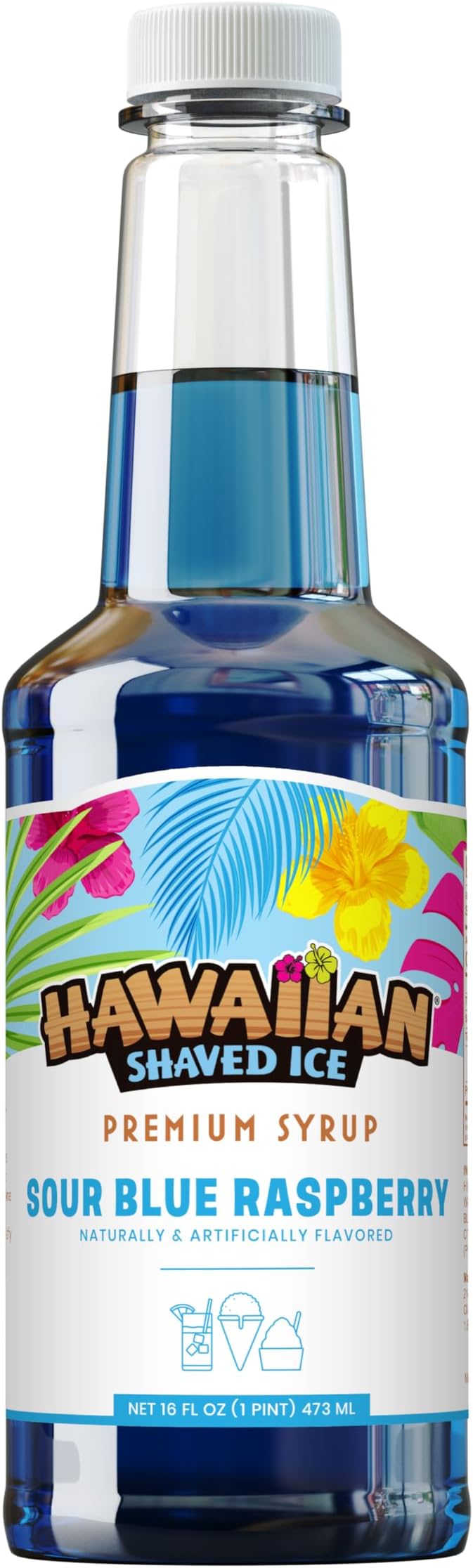 Hawaiian Shaved Ice Sour Blue Raspberry Syrup - Nut Soy Dairy Free - Flavor Fluffy & Crunchy Snow Cones - Shelf Stable - Makes 8 Servings - 16 ounces