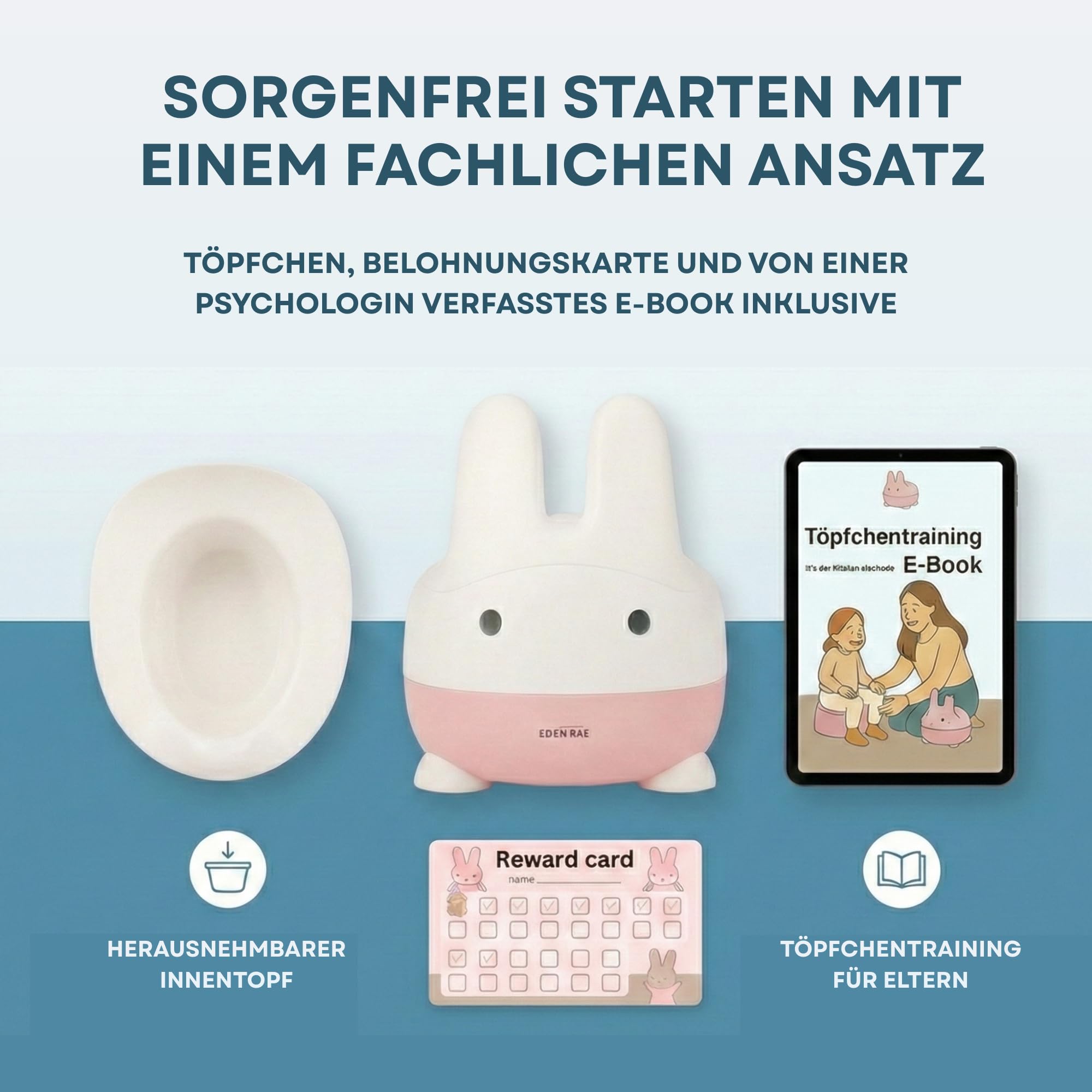 Eden Rae Orinal para niños – Inodoro para bebé, Potty, baño infantil y baño infantil con tapa y diseño de conejo, sin BPA, a partir de 1 año, con libro electrónico y tarjeta de recompensa para el