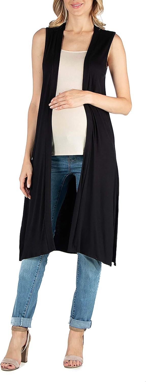 24seven Comfort Apparel Womens Maternity Lightweight Sleeveless Open Long Knee Length Cardigan Vest - Black - Small