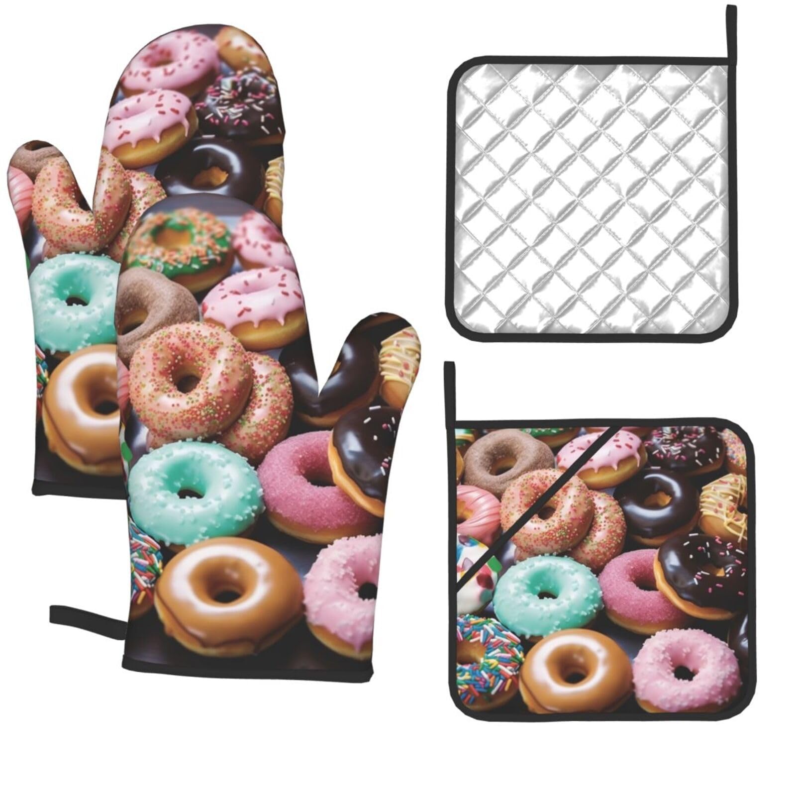 4 Pcs Oven Mitts and Pot Holders Set Kitchen Oven Gloves Heat Resistant Potholders Non-Slip Hot Pads Donuts Oven Mits for Cooking Baking Grilling
